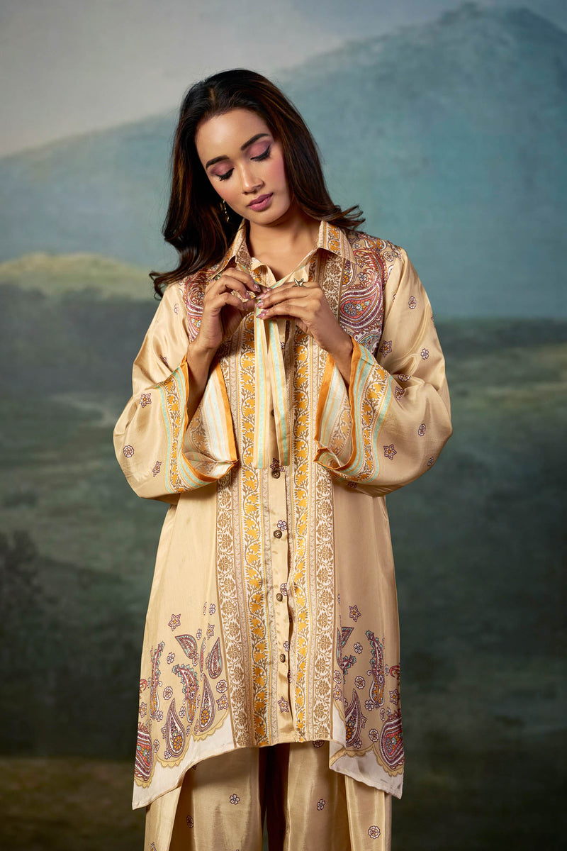 Ivory border print longline shirt set - front view