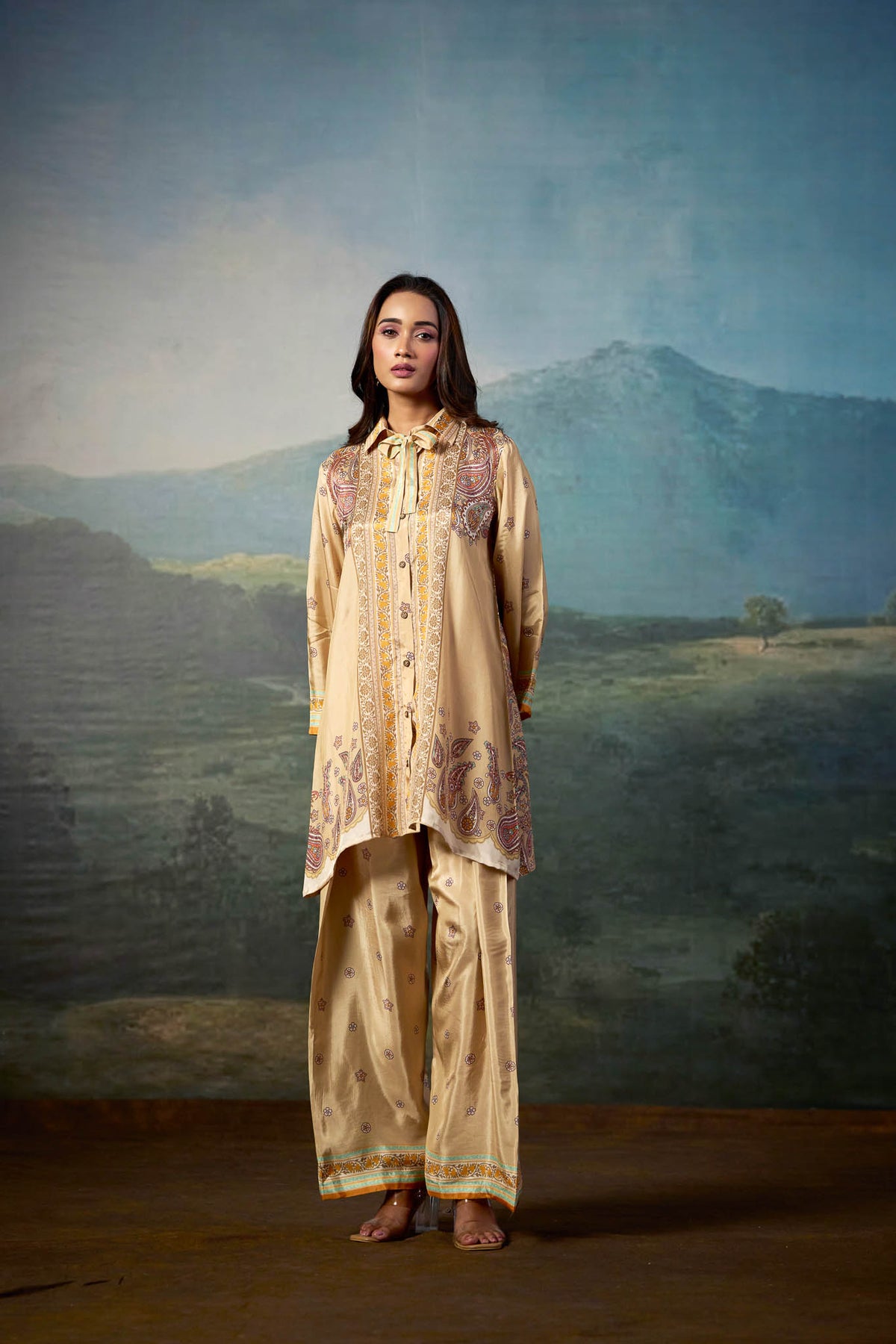 Ivory viscose crepe longline shirt co-ord - full look