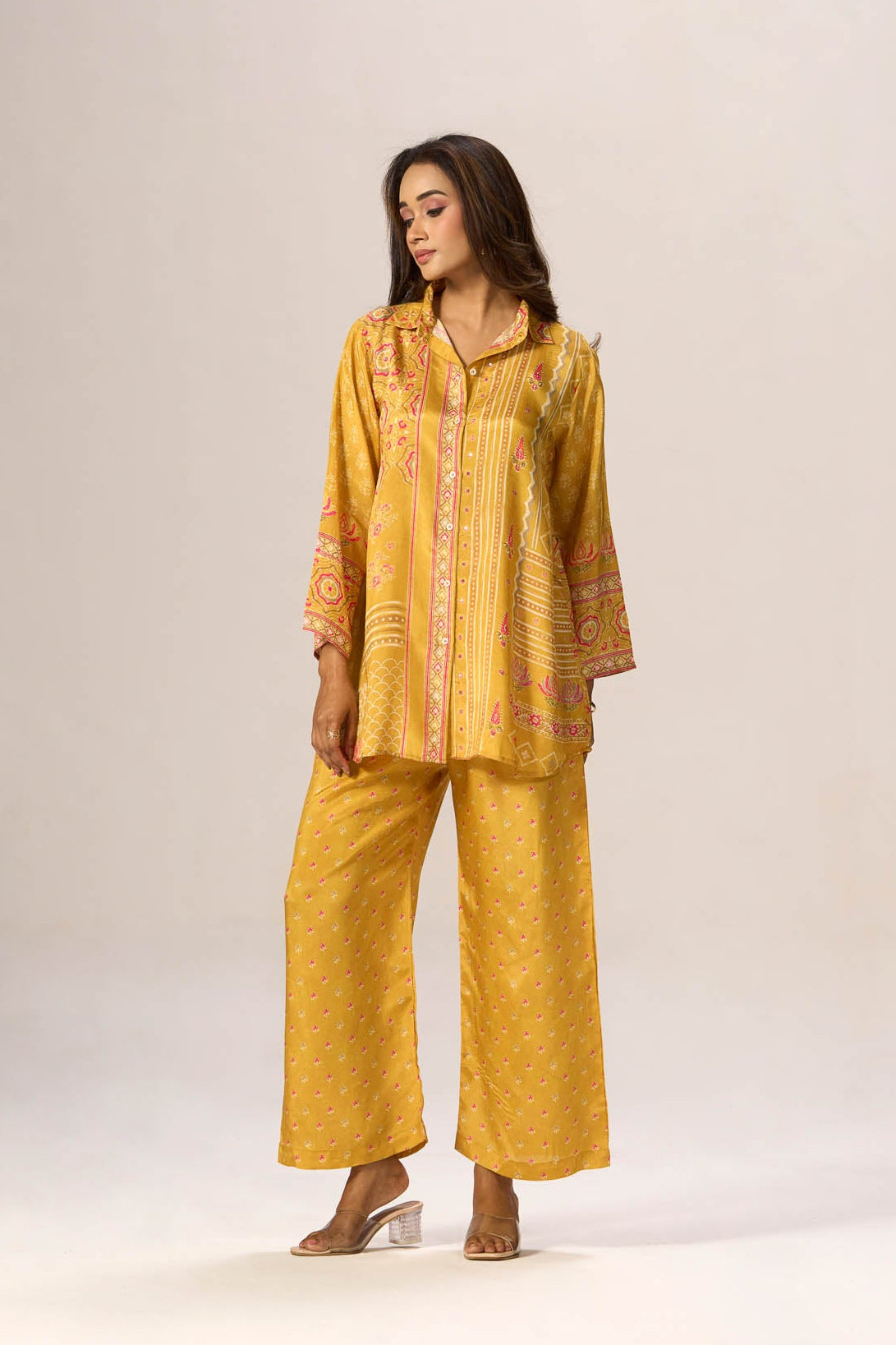 Mustard printed shirt and wide-leg pant set - front view
