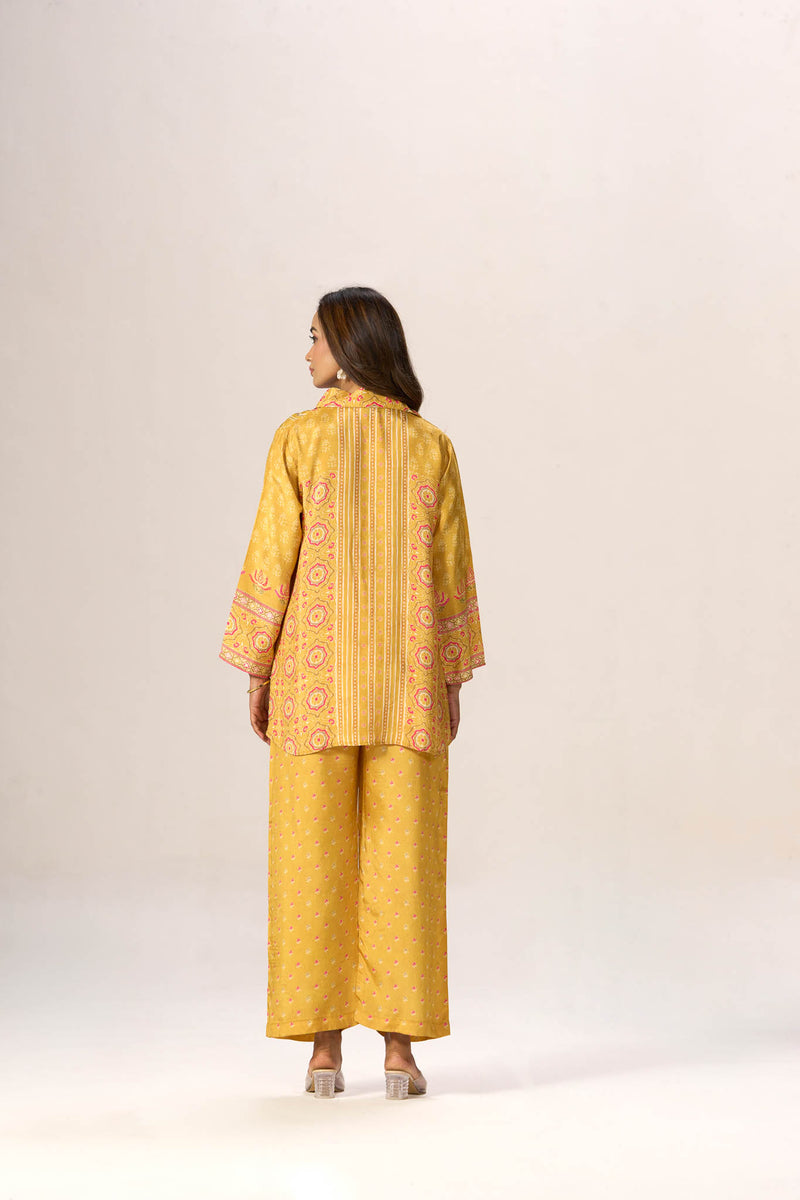 Mustard viscose crepe printed shirt set - full look