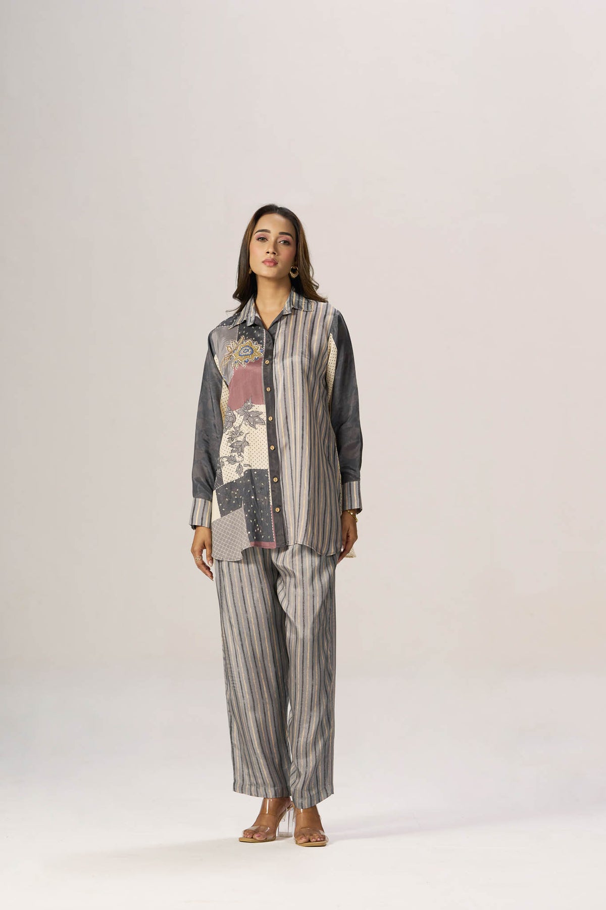 Patchwork stripe shirt and pant set - front view