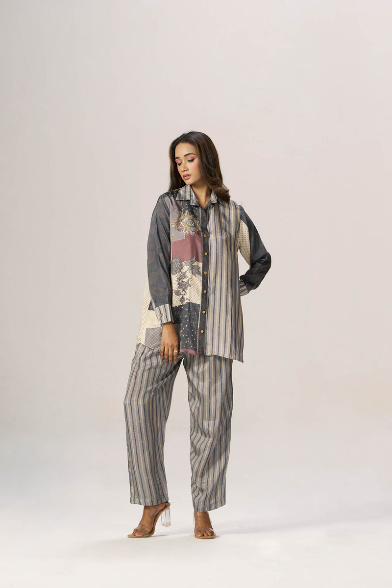 Muted patchwork viscose crepe co-ord - full look