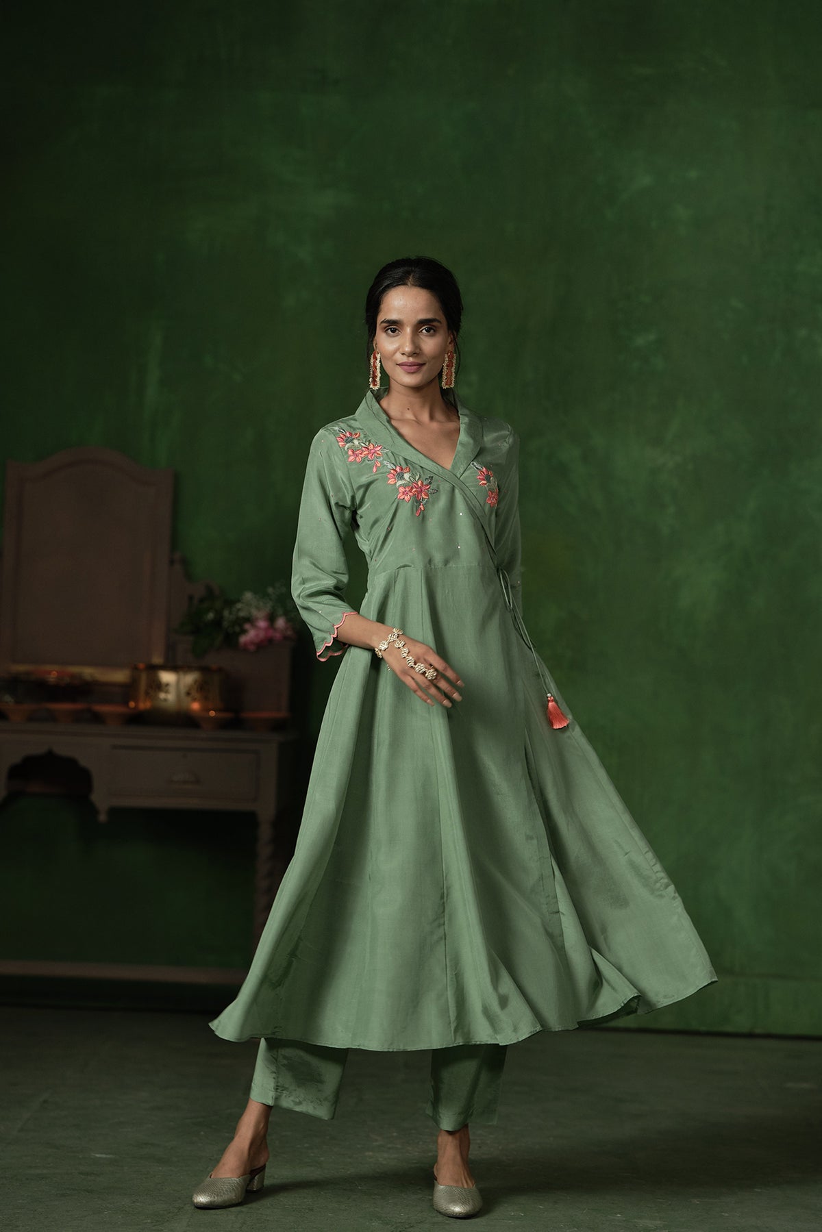 Green Angrakha with Printed Dupatta