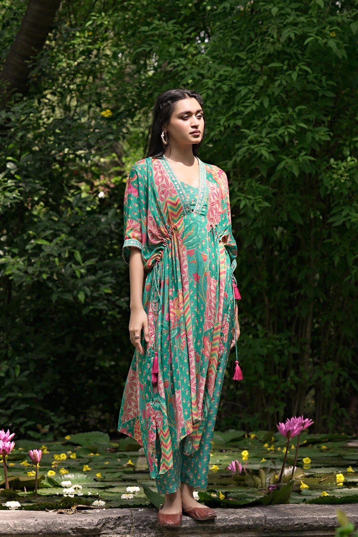 Chinon Chiffon Printed Kaftan Set with Embroidery