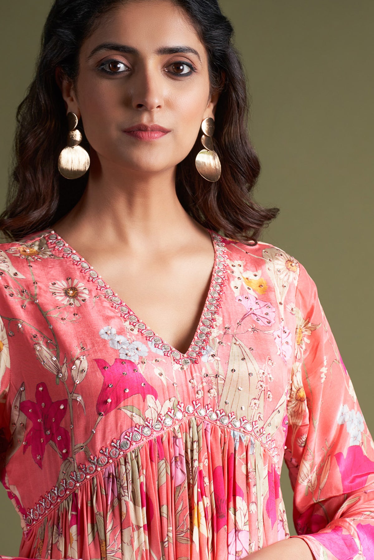 pink gown, pure crepe fabric, hand embroidery, aliya cut, floral print, digital print luxury garment