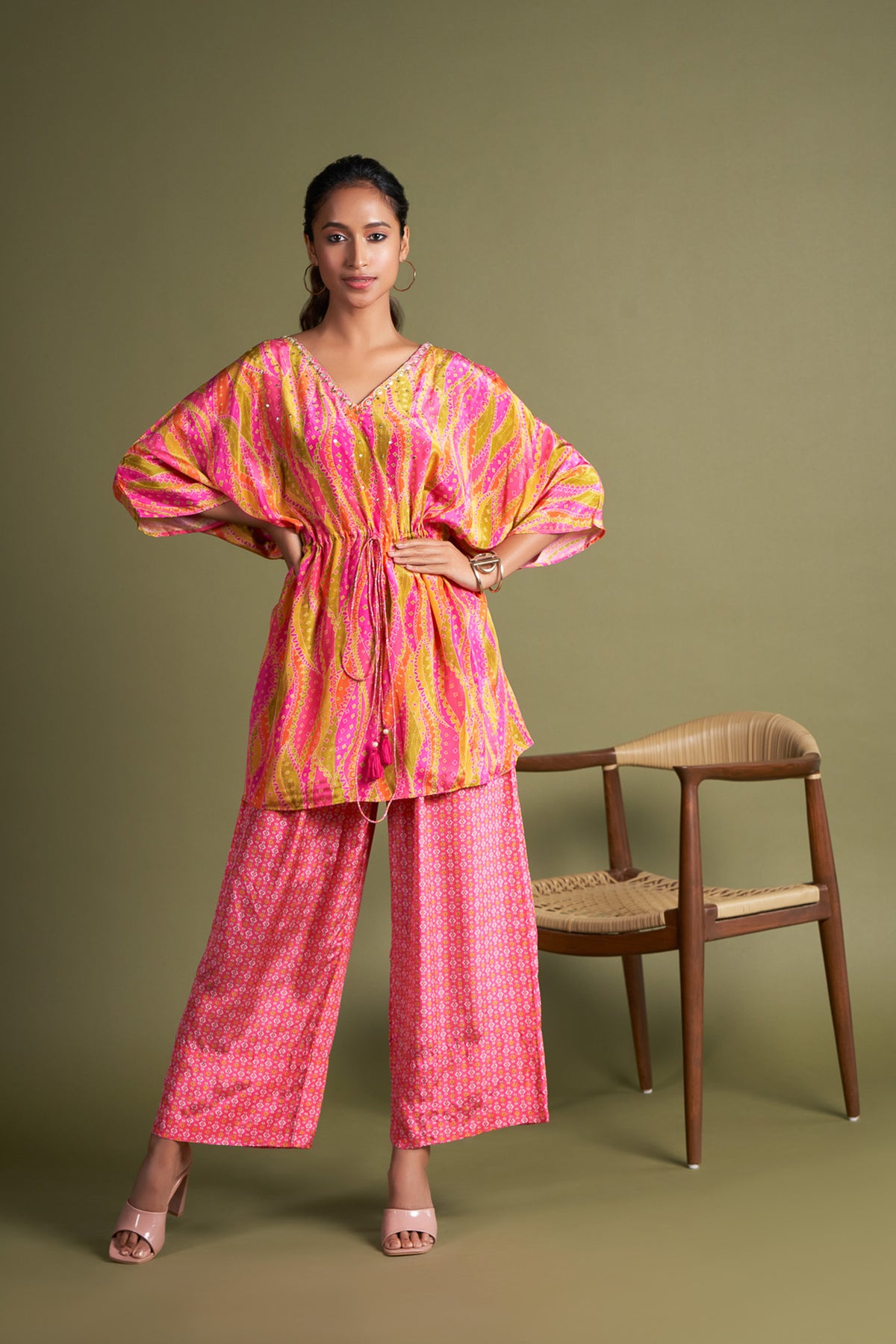 Pink Crepe Embroidered Kaftan Co-Ord Set