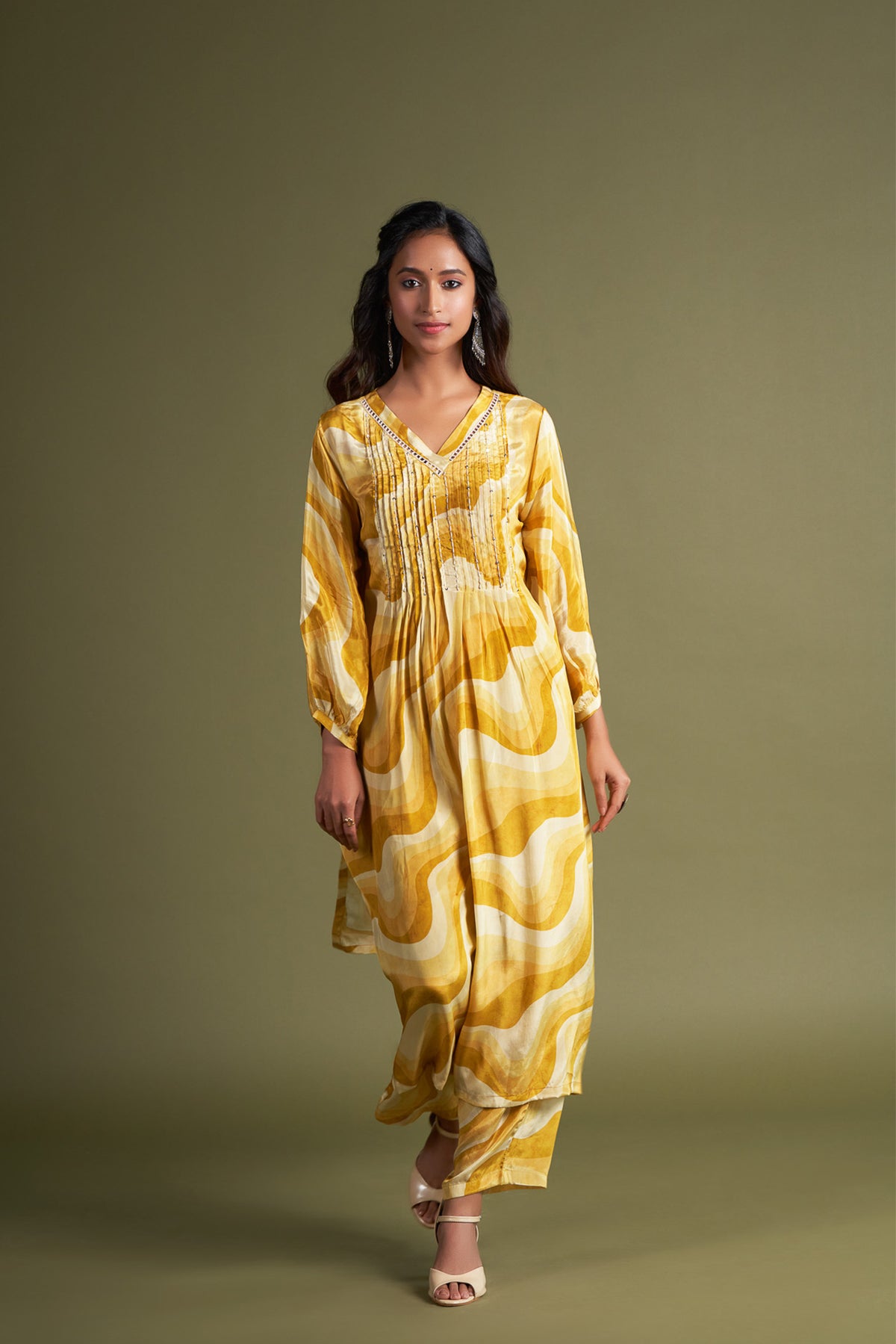 Yellow Abstract Printed Crepe Kurta Set