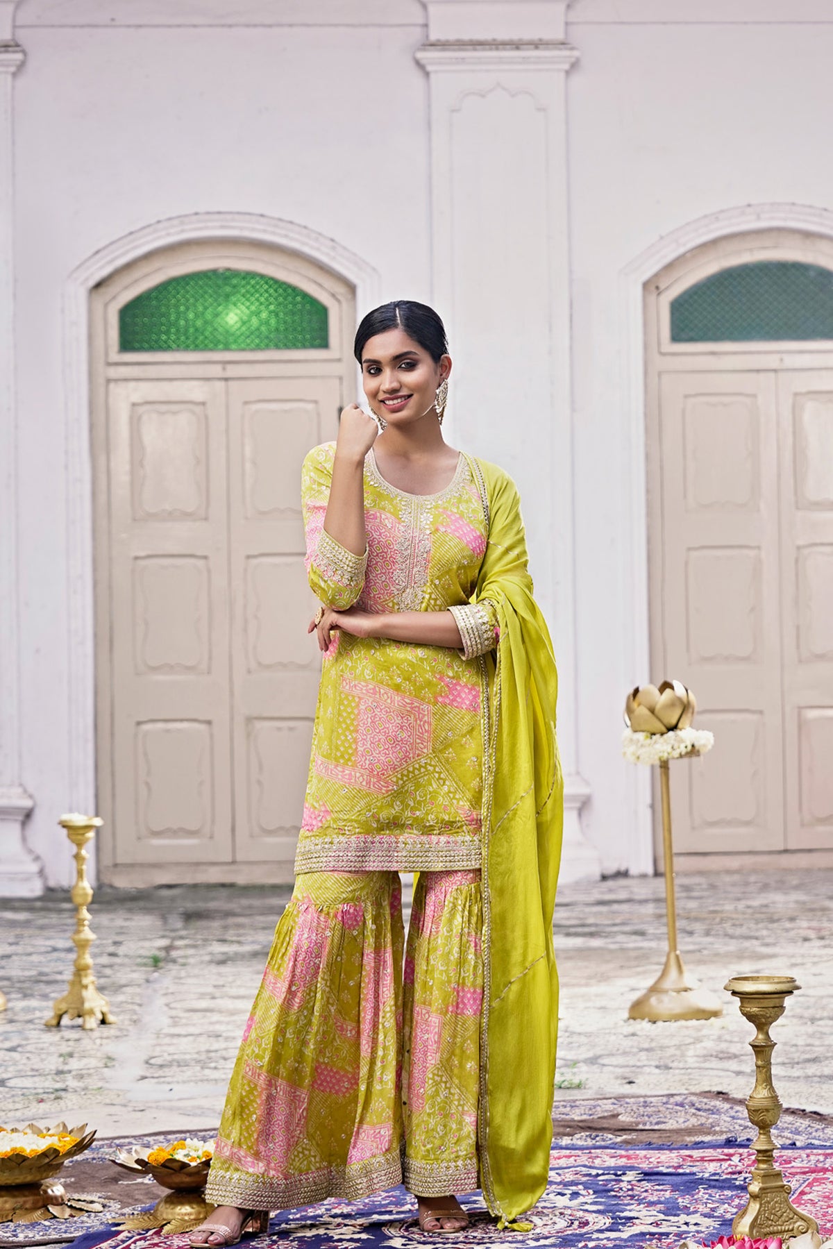 Lime Green Printed Co-ord set with Sharara & Dupatta