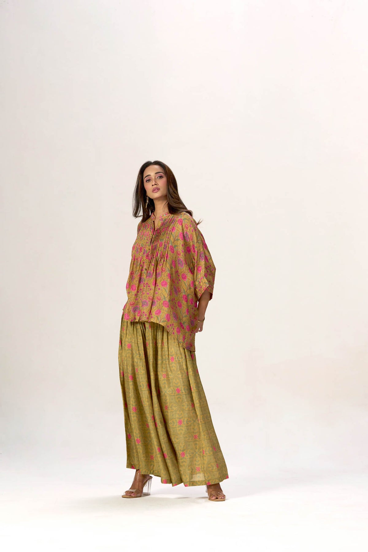 Meher Viscose Muslin floral print and draped sleeve detail