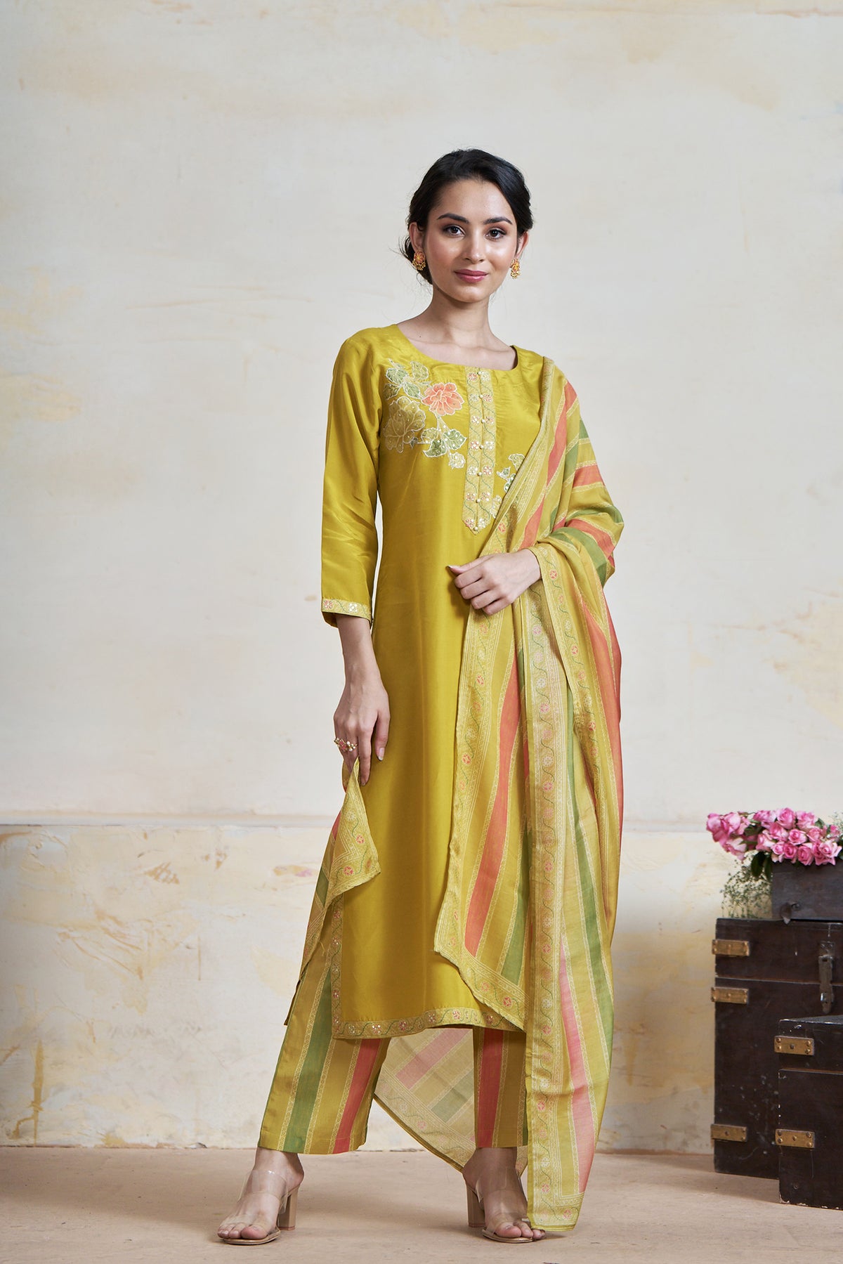 Mustard Moonga Crepe Kurta set with Printed Dupatta