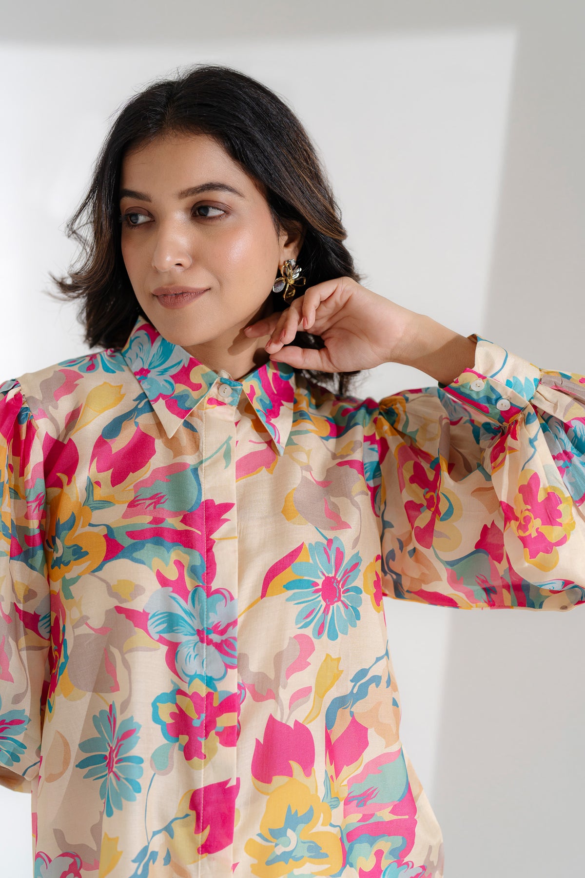 Printed Ballon Sleeve Muslin Shirt