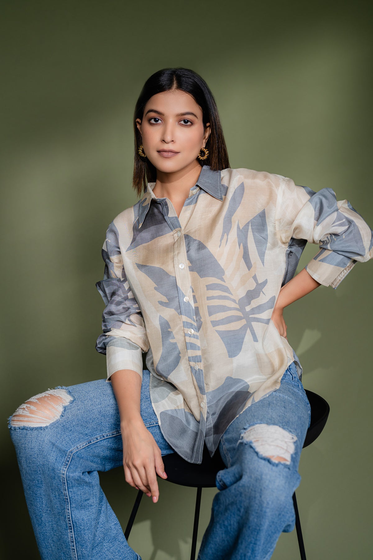 Leaf Printed Oversized Shirt