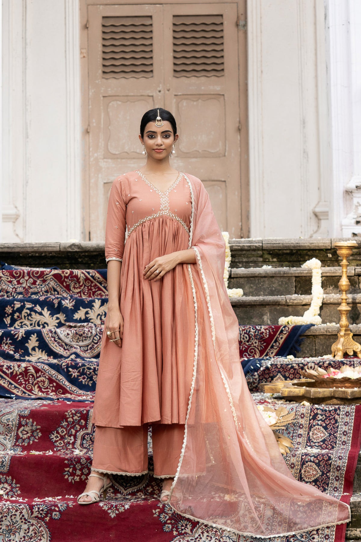 Nude Pink Suit Set with Cutdana work and Organza Dupatta