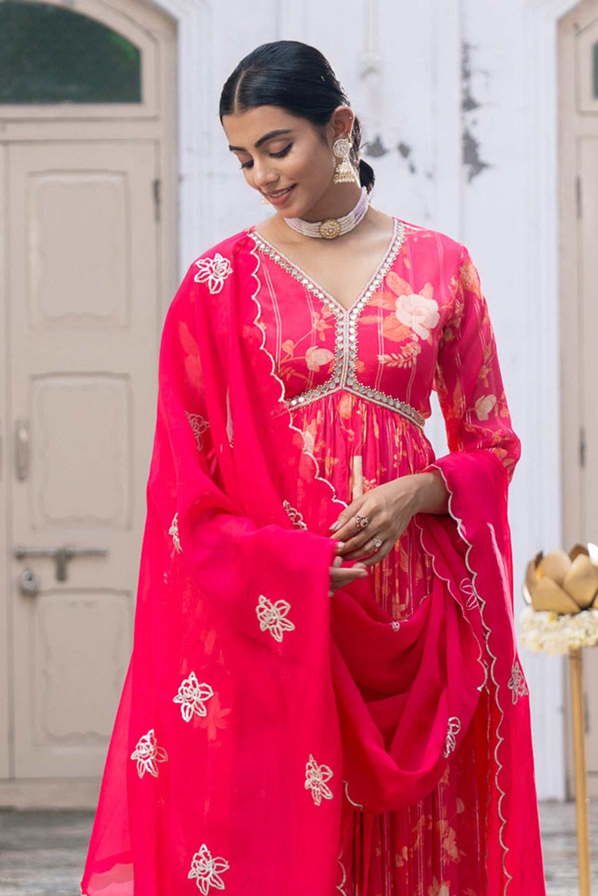 Pink Chinon Chiffon Suit Set with Embroidered Organza Dupatta