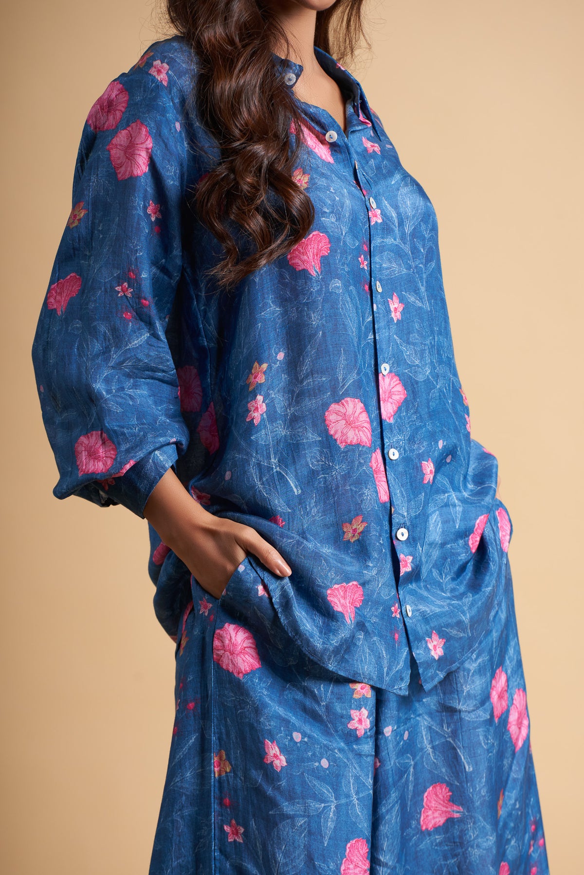 Blue Floral Printed Natural Viscose Muslin Co-Ord set