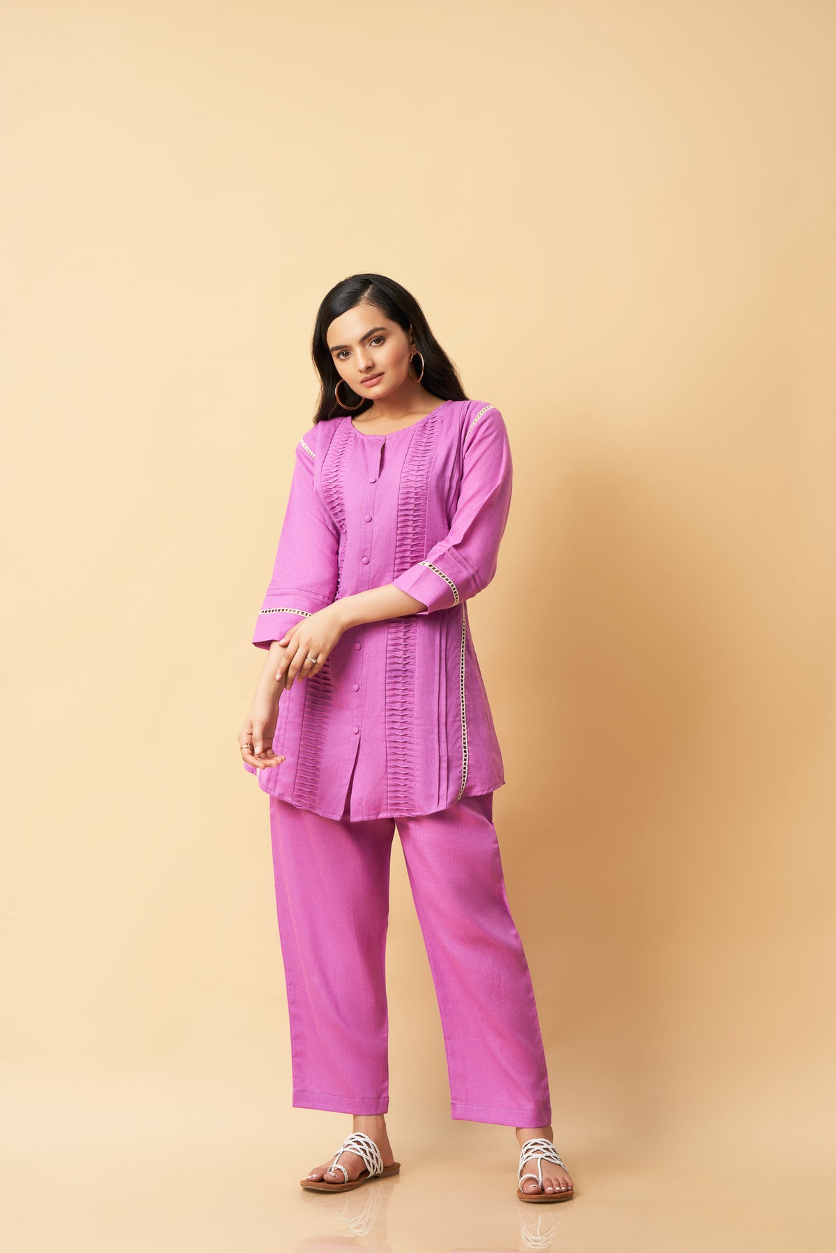 Purple Pure Linen Co-ord set with Pleats on Top