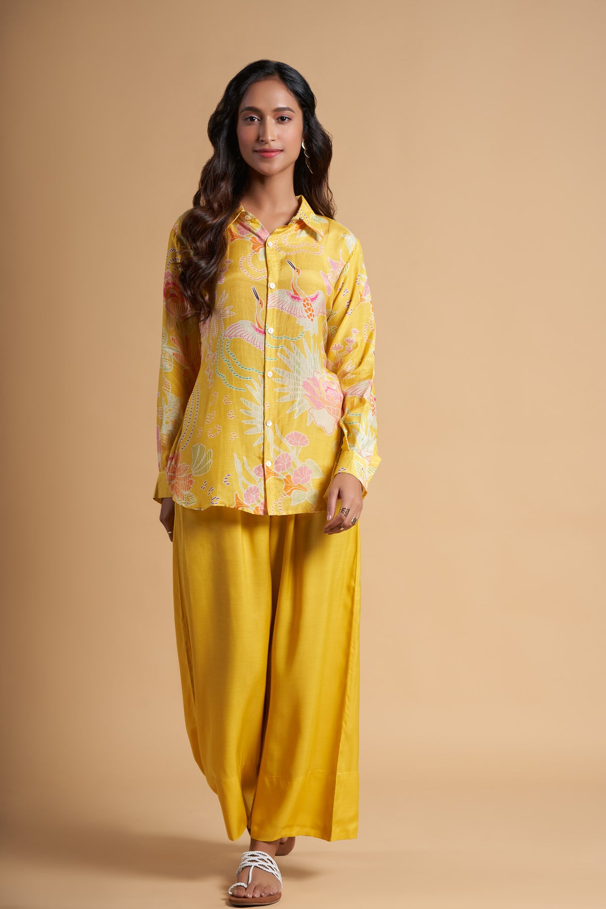 Yellow Self Striped Printed Muslin Co-Ord Set