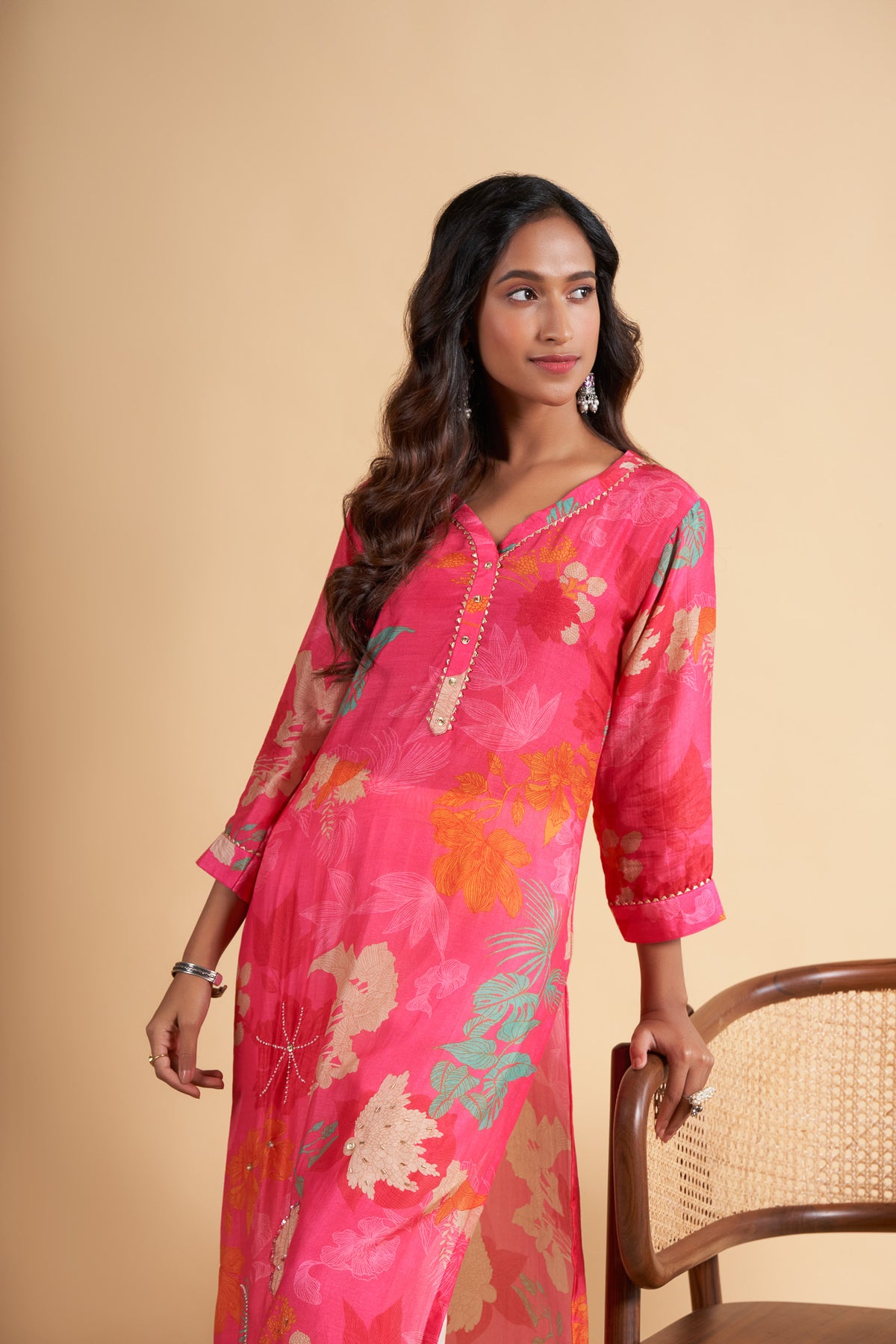 Bright Pink Floral Printed Viscose Muslin Kurta