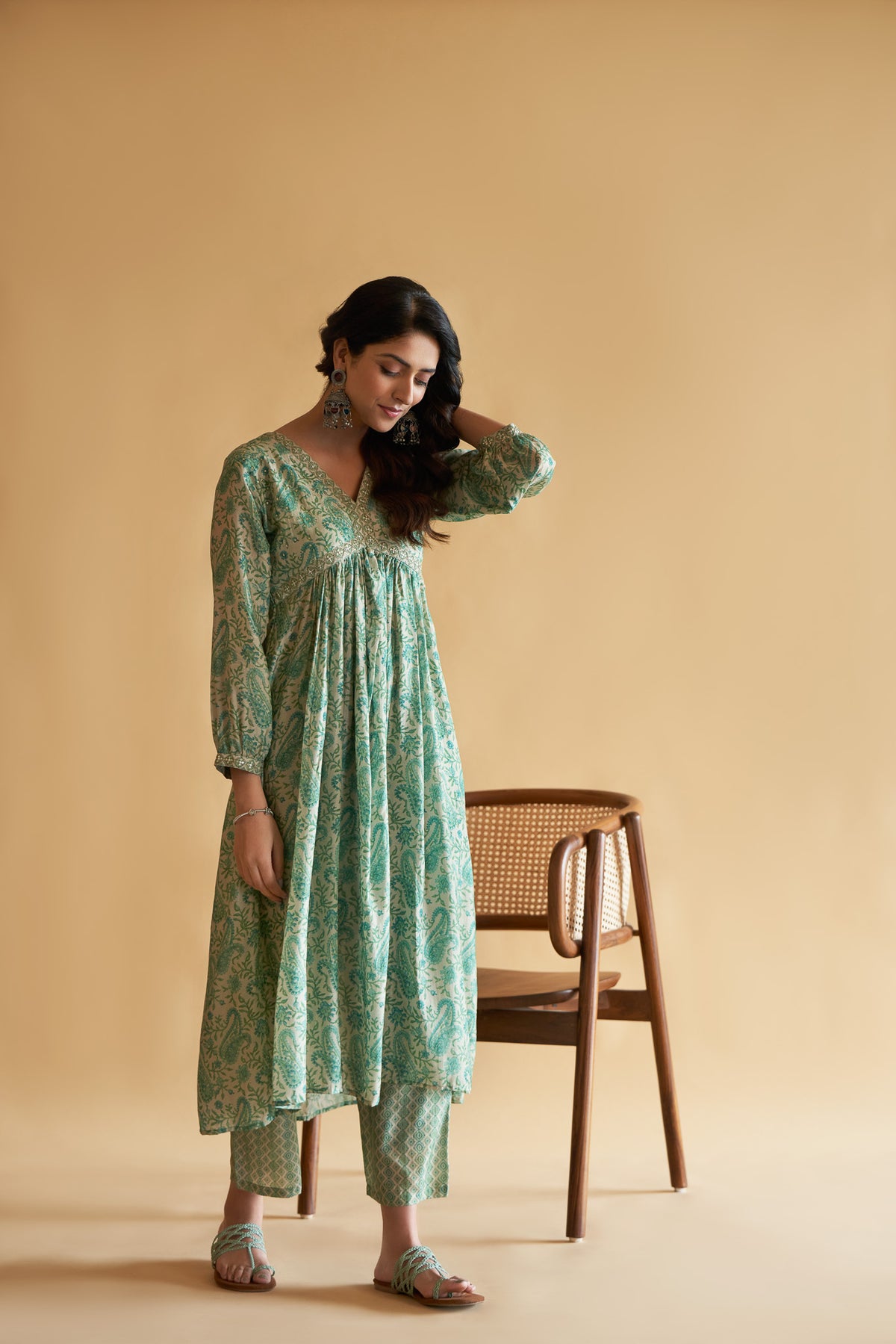 Sea Green Viscose Muslin Kurta Set