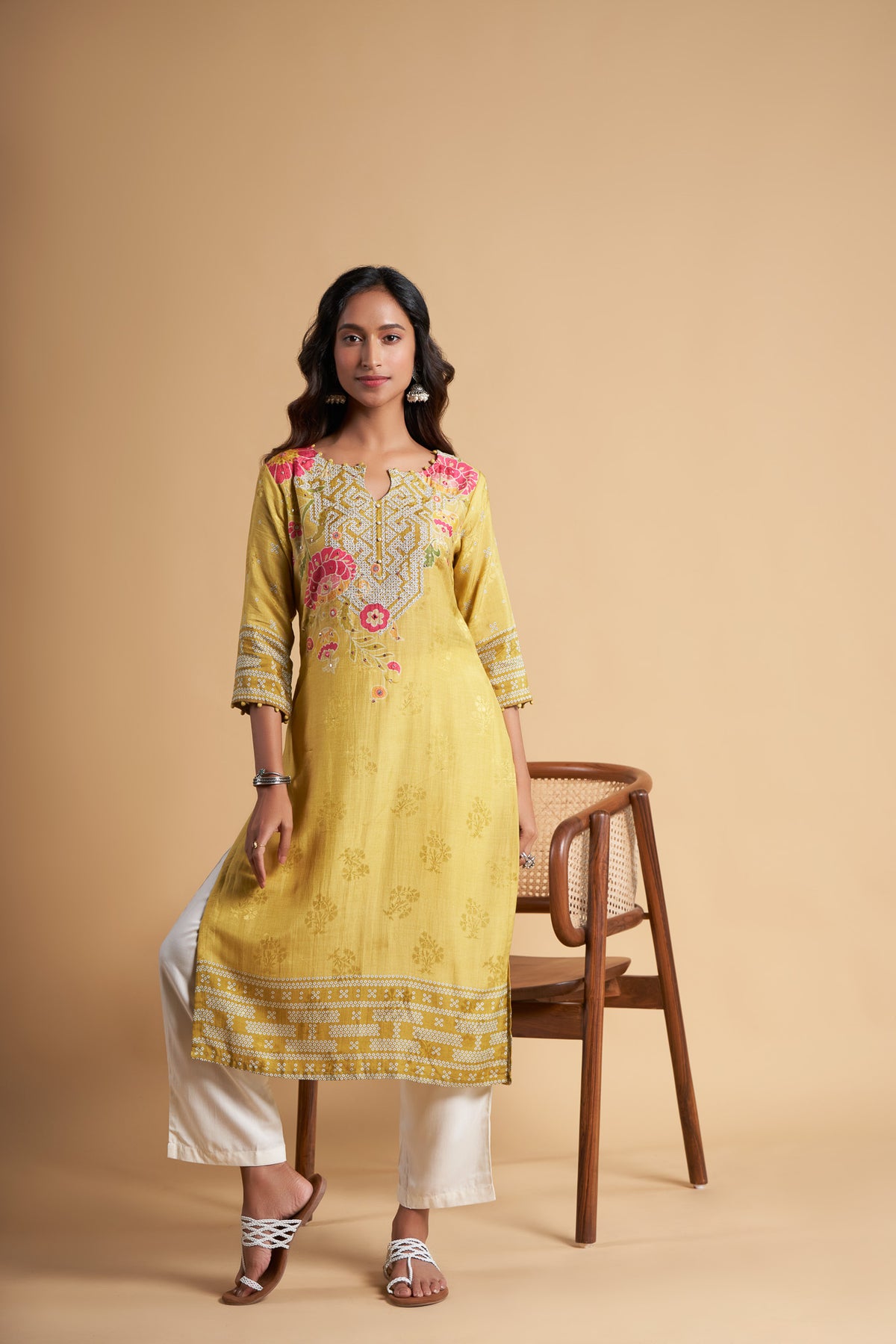 Yellow Munga Silk Self Jacquard Kurta Set with Embroidery