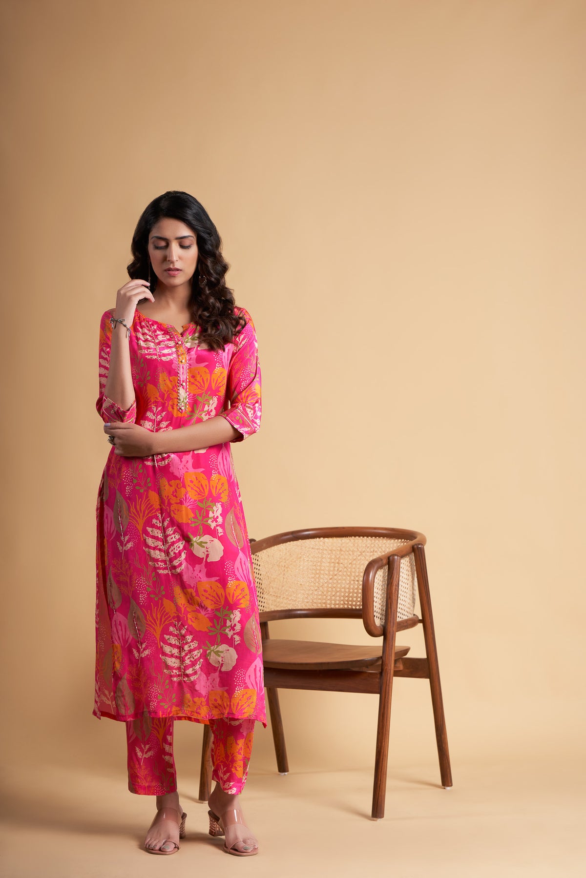 Ruby Pink Kurta with Printed Leafe and Hand Embroidery