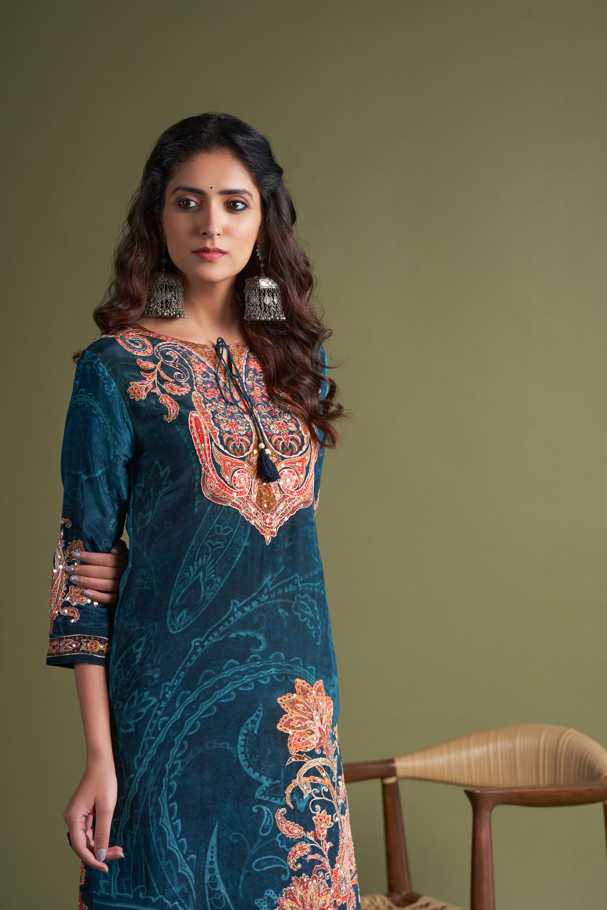 Digital printed Viscose crape kutra with embroidery