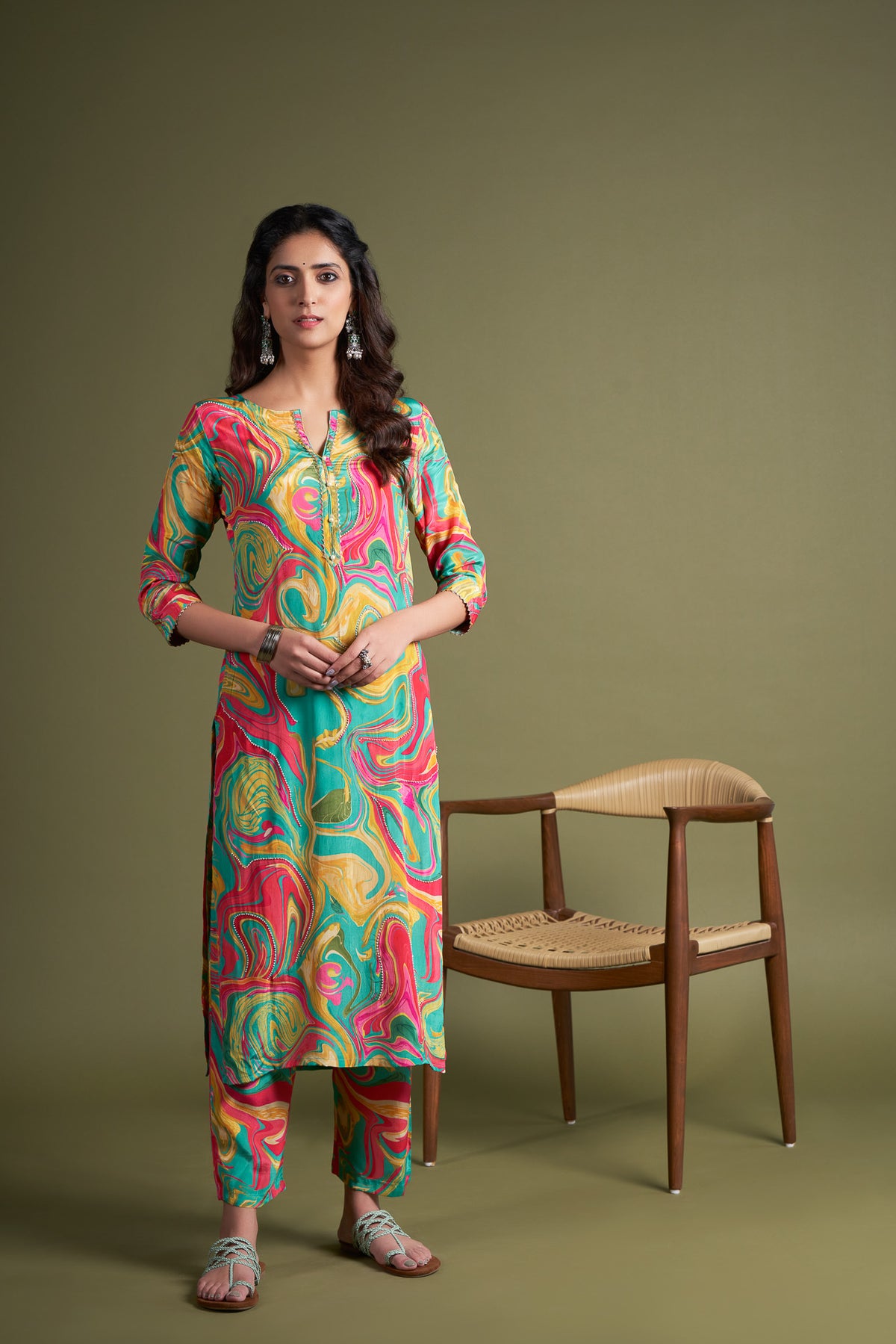 Abstract Printed Kurta Set with Cutdana work