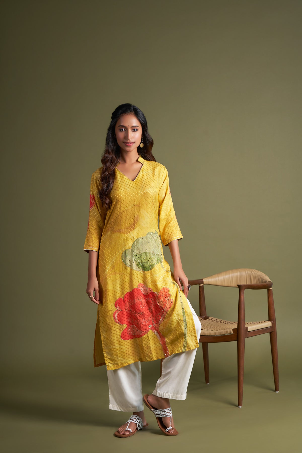 Yellow Muga Silk Self Jacquard Kurta Set with Embroidery in Yoke