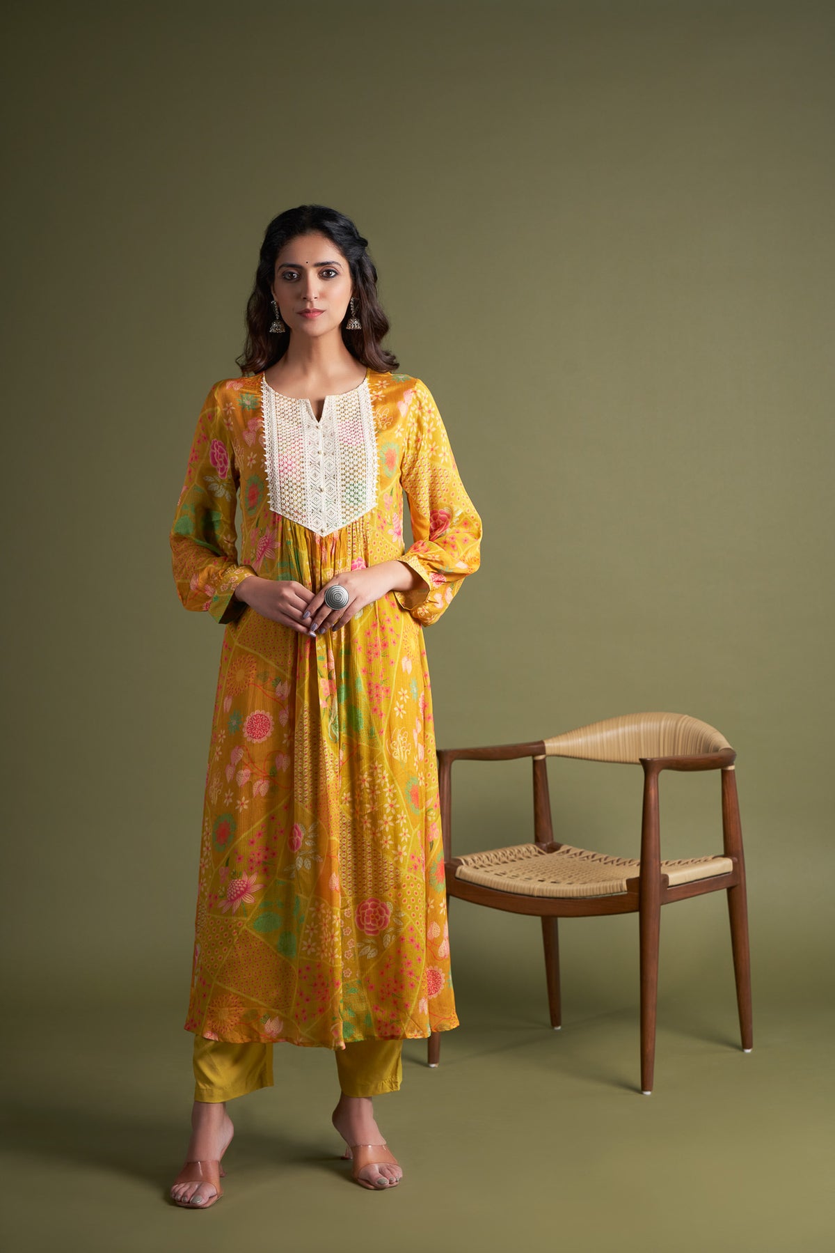 Printed Yellow Chinon Chiffon Kurta with Pants