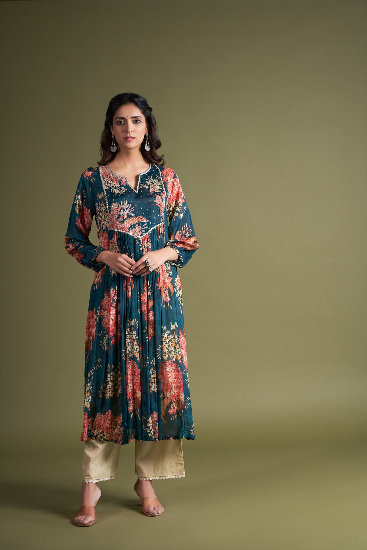 Peacock Blue Chinon Chiffon Embroidered Kurta with Palazzo