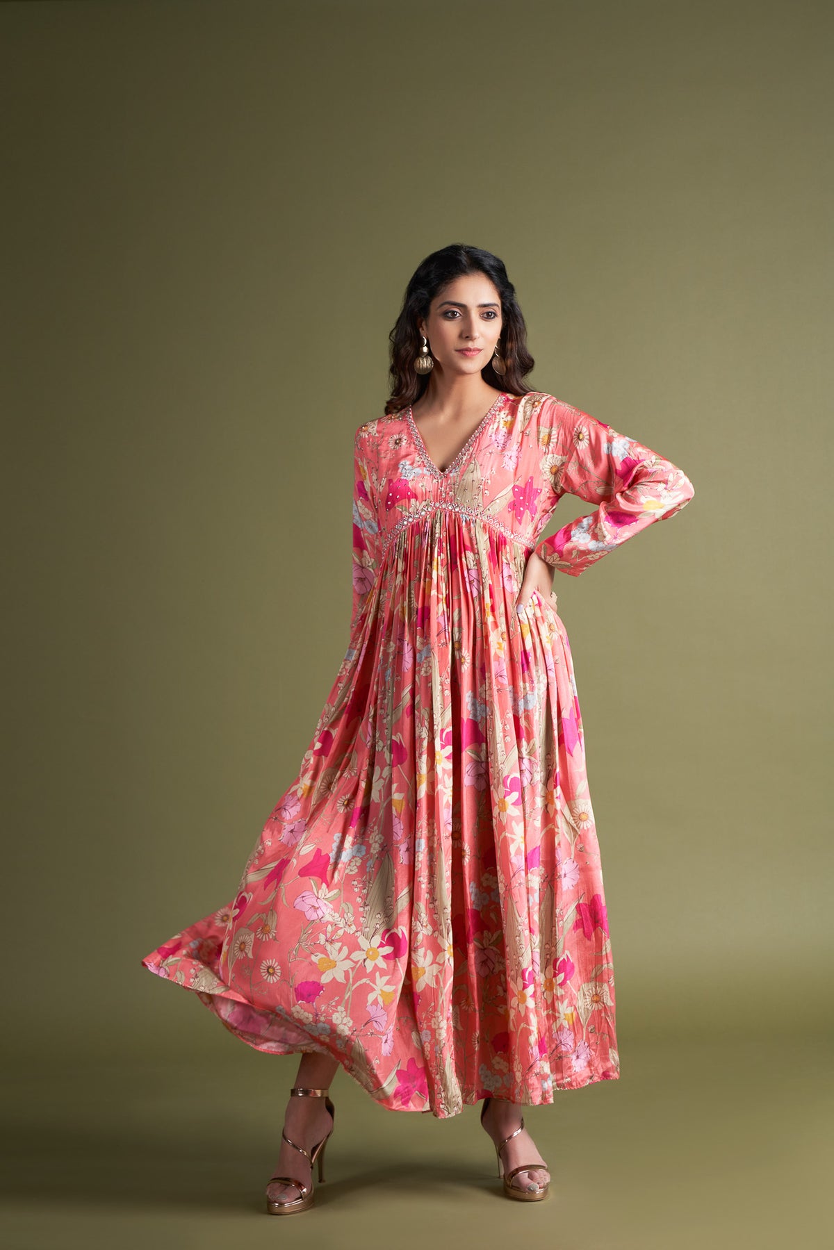 Pink Printed Crepe Gown with Hand Embroidery Pink Printed Crepe Gown with Hand Embroidery