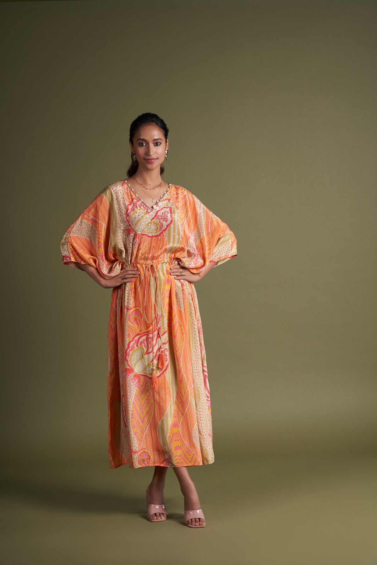 Peach Printed Embroidered Kaftan