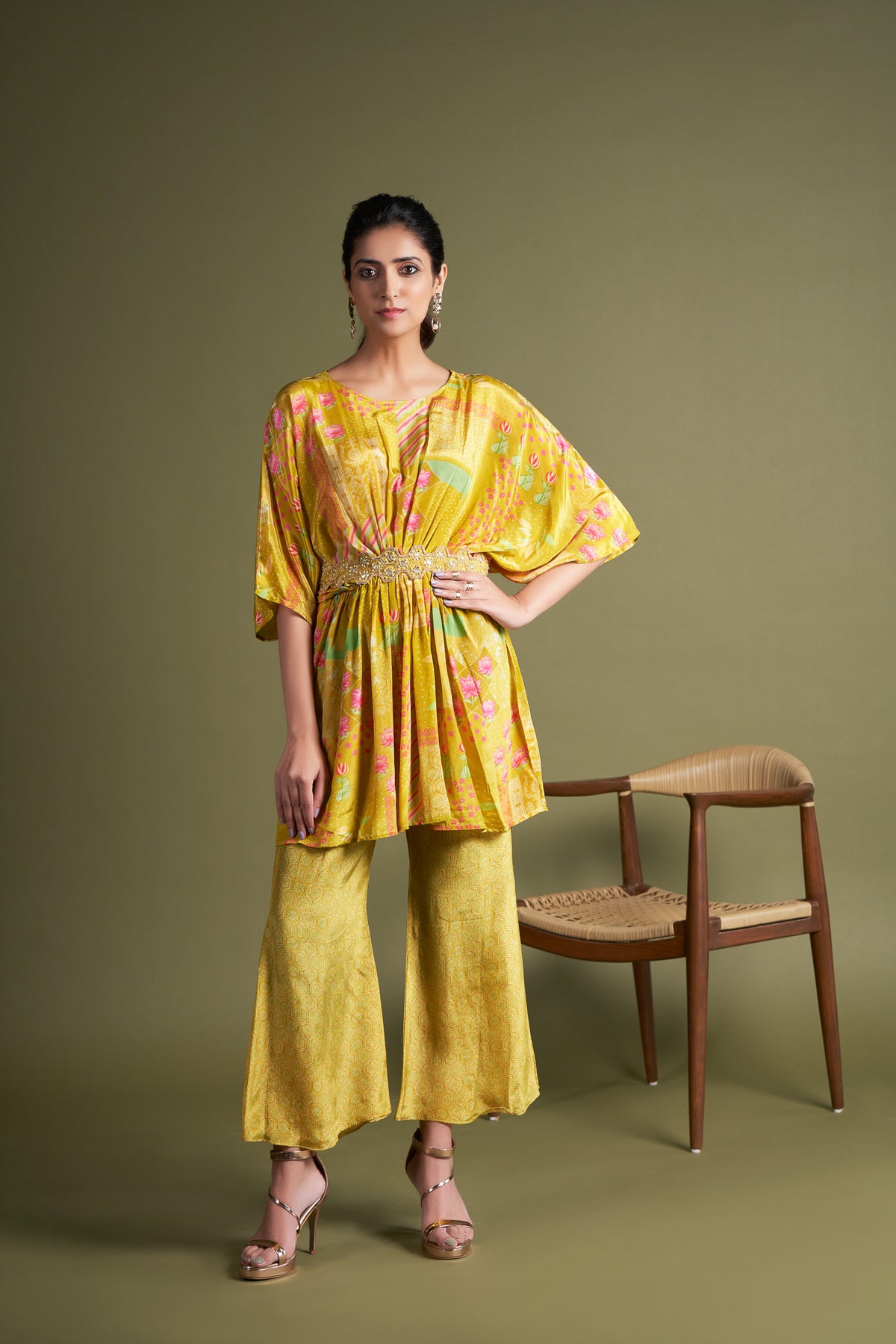 Yellow Crepe Co-Ord with Hand Embroidered Belt.