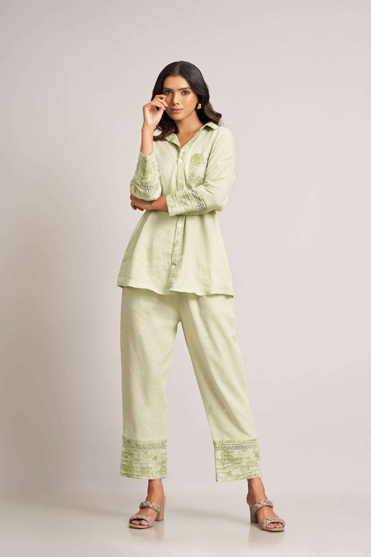 Green Pure Linen Digital Printed Co-Ord Set