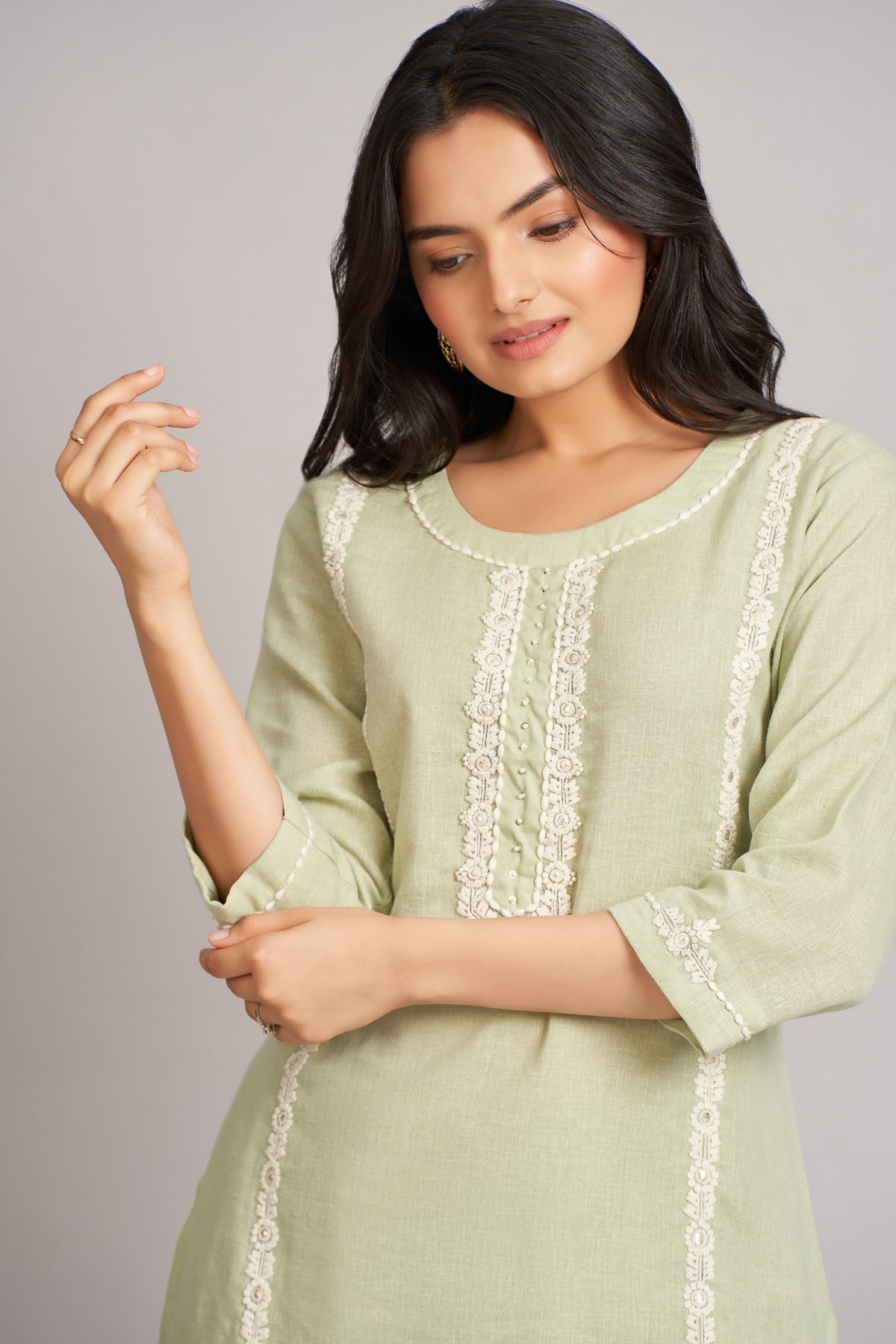 Pista Green Pure Linen Embraided Kurti with Pants