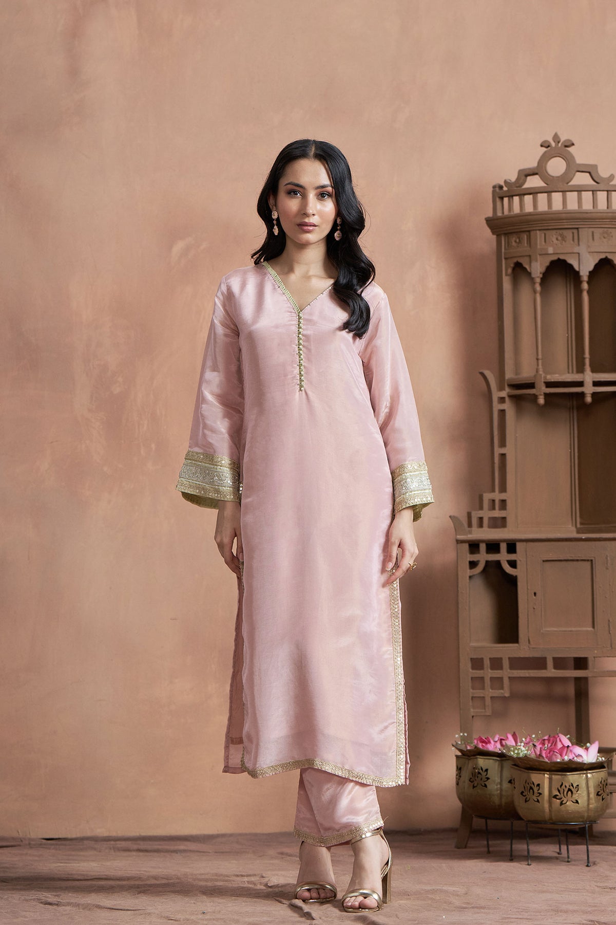 Pink Shimmer Tissue Kurta Set With Bell Sleeves
