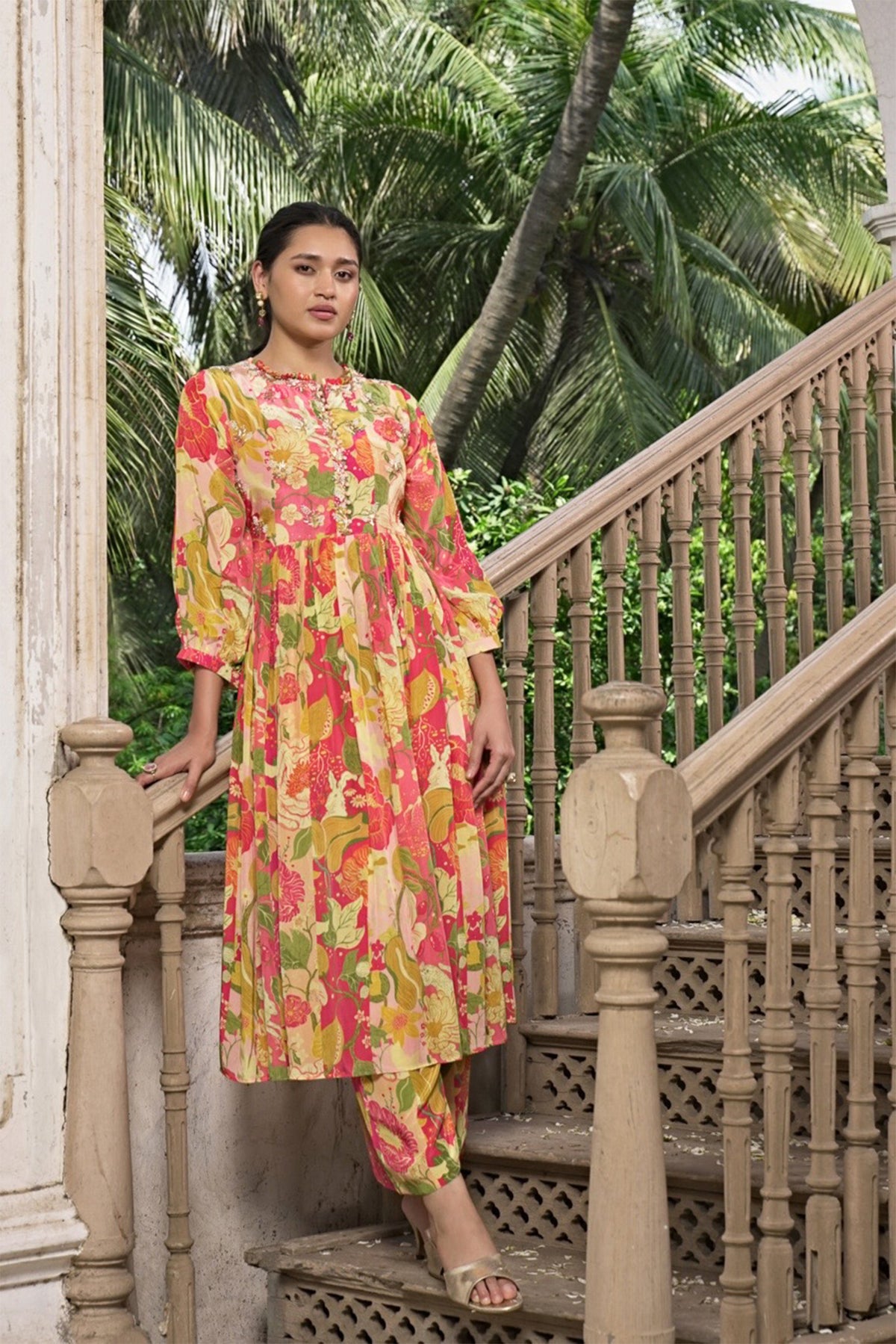 Printed Kurta Set with Ruffle Collar and Hand Work