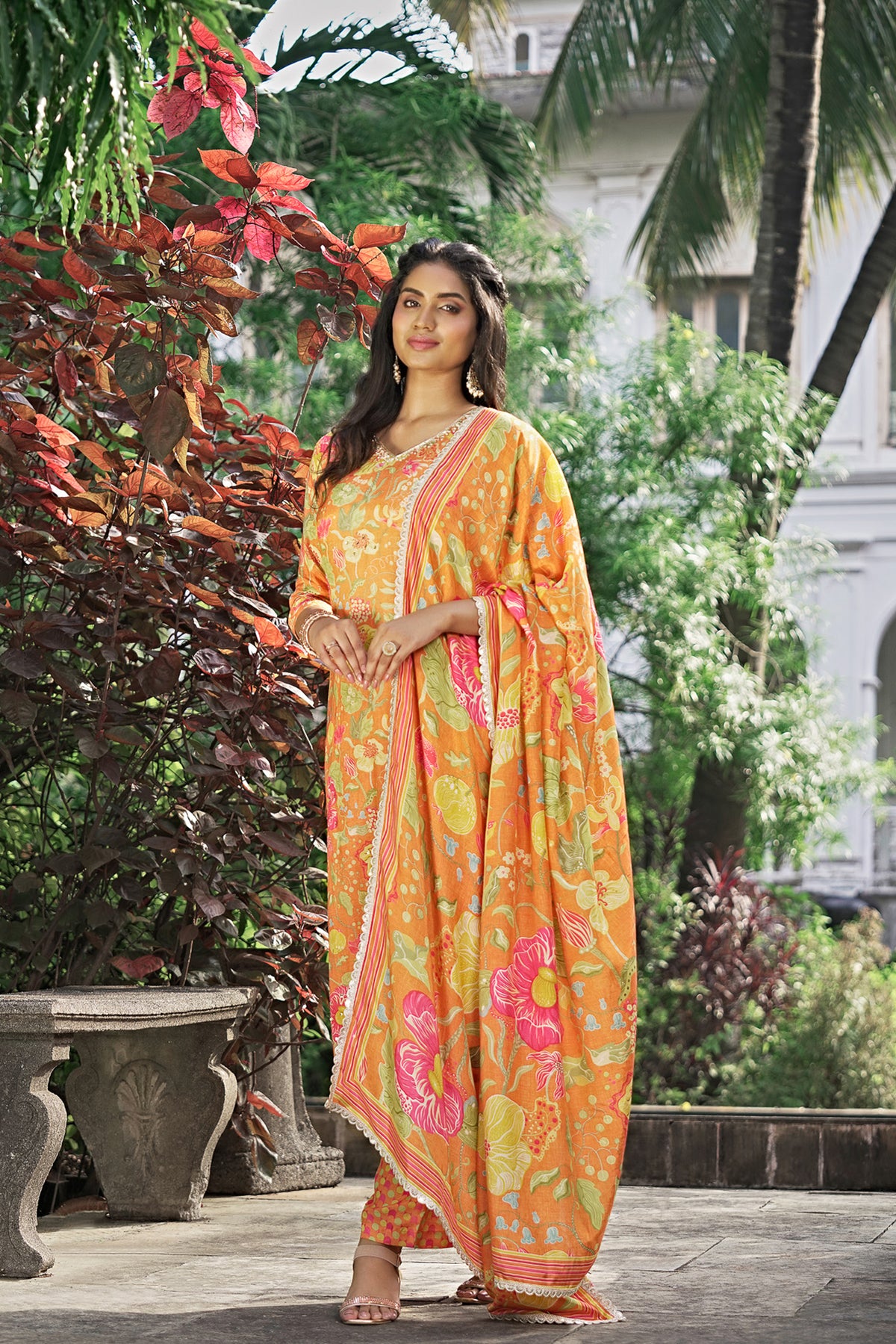 Printed Orange Viscose Muslin Suit Set