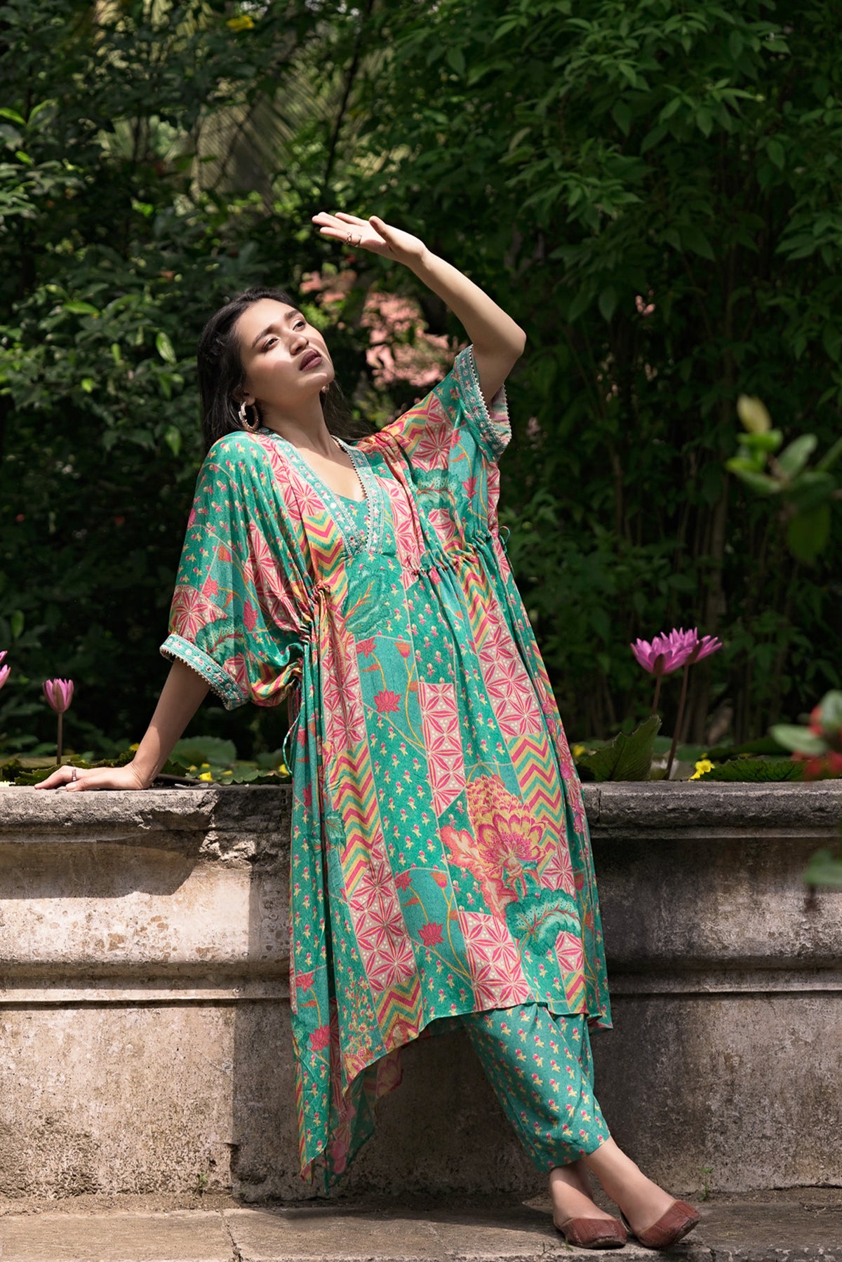 Chinon Chiffon Printed Kaftan Set with Embroidery