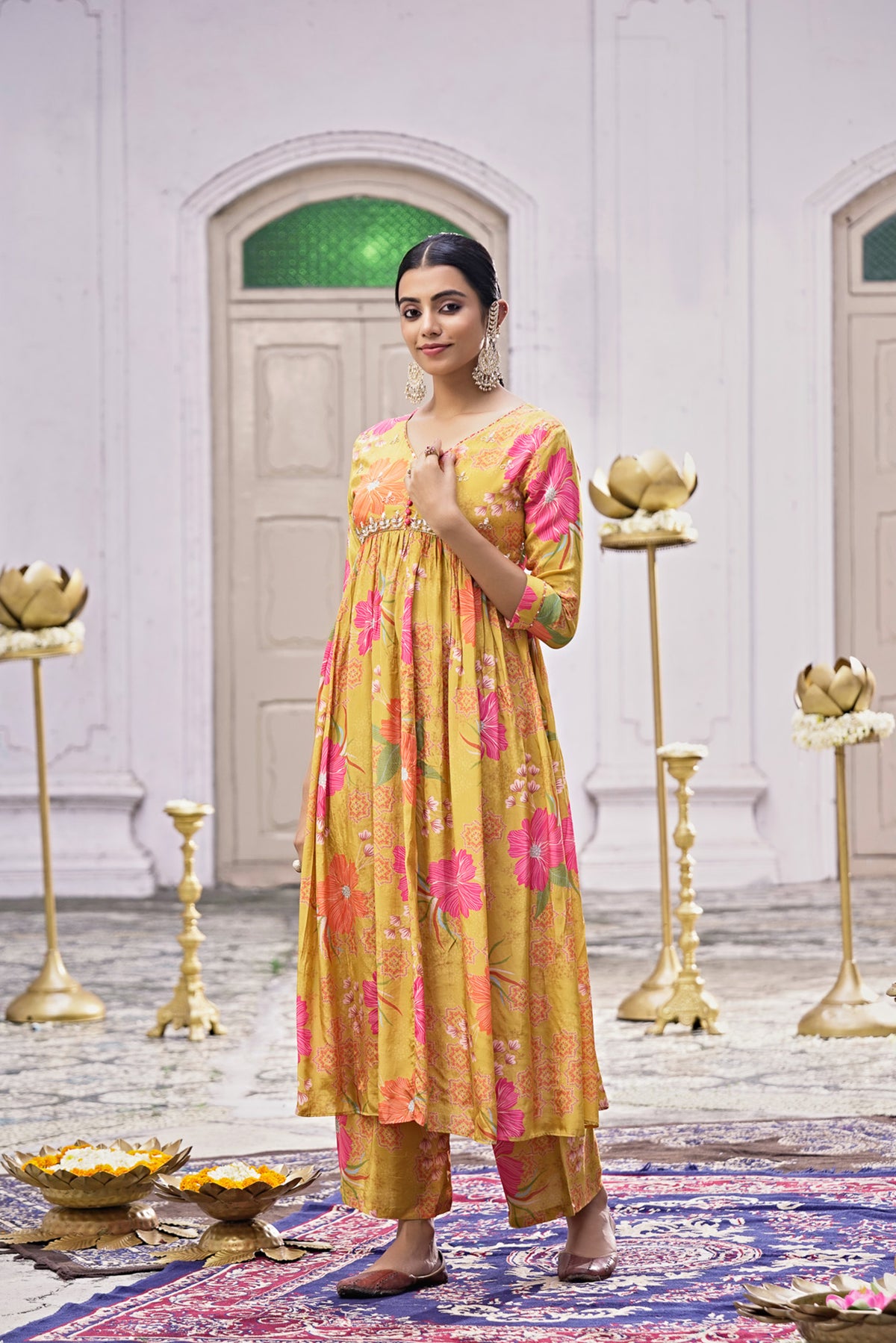 Mustard Crepe Kurta Set with Hand Embroidery in Yoke