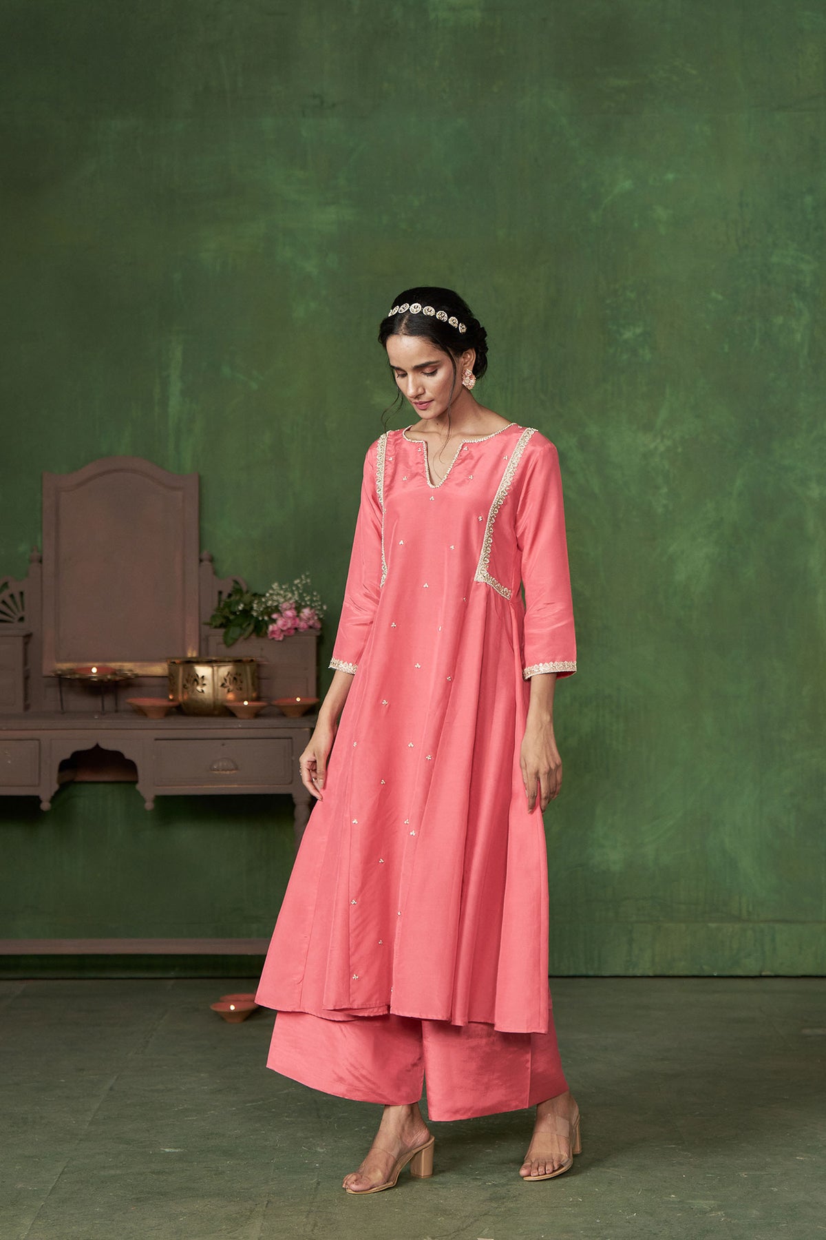 Pink A-Line Kurta with Handwork