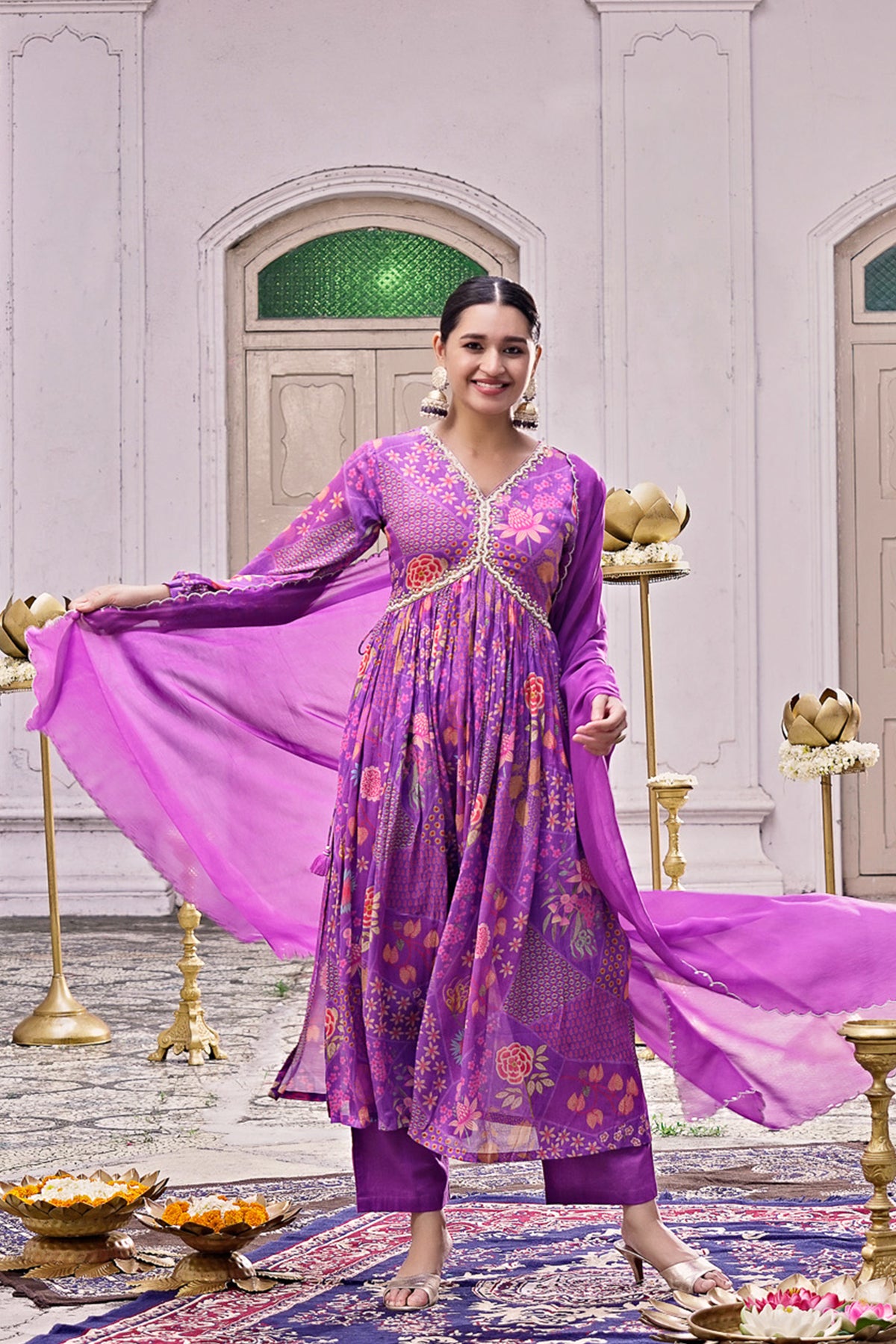 Purple Chinon Chiffon Lurex Suit Set with Mirror Work