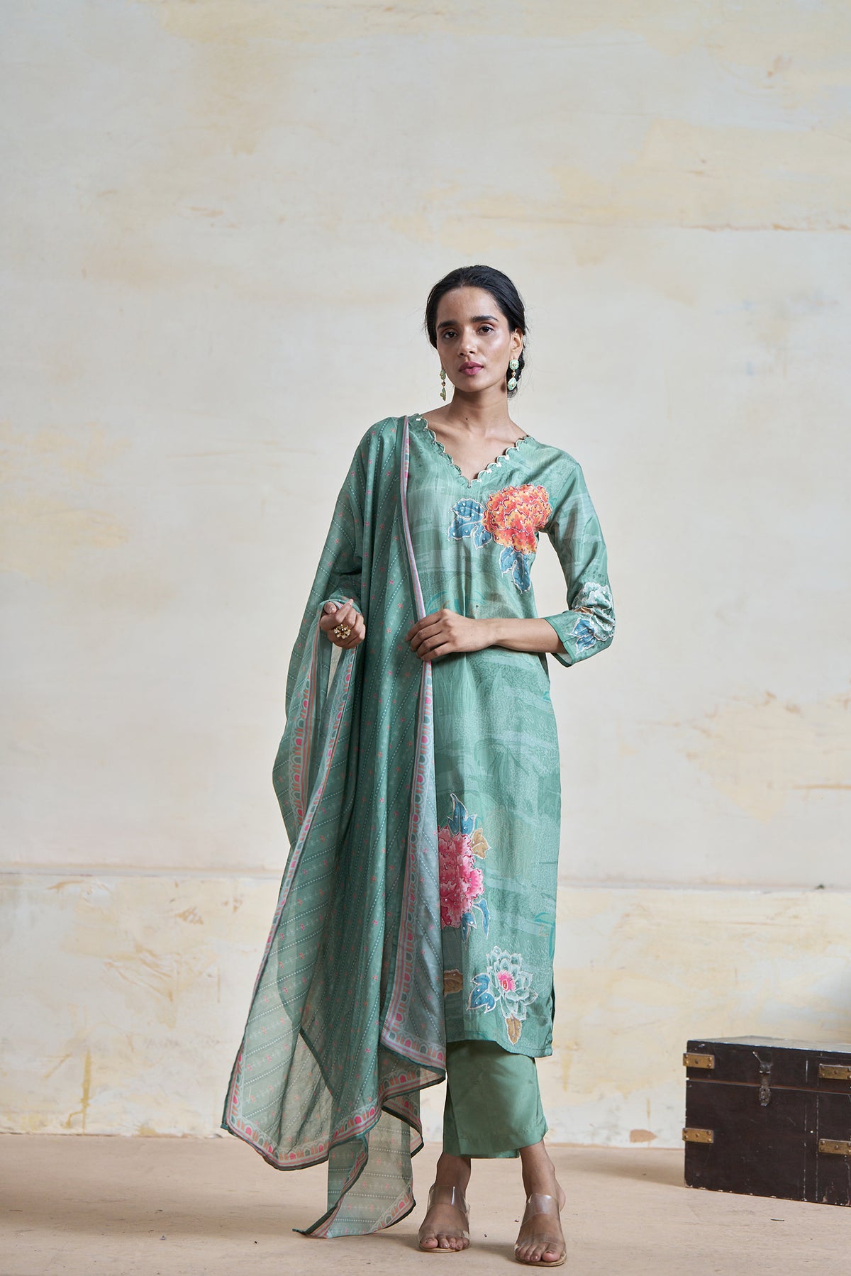 See Green Mauga Crepe Kurta set with Printed Dupatta