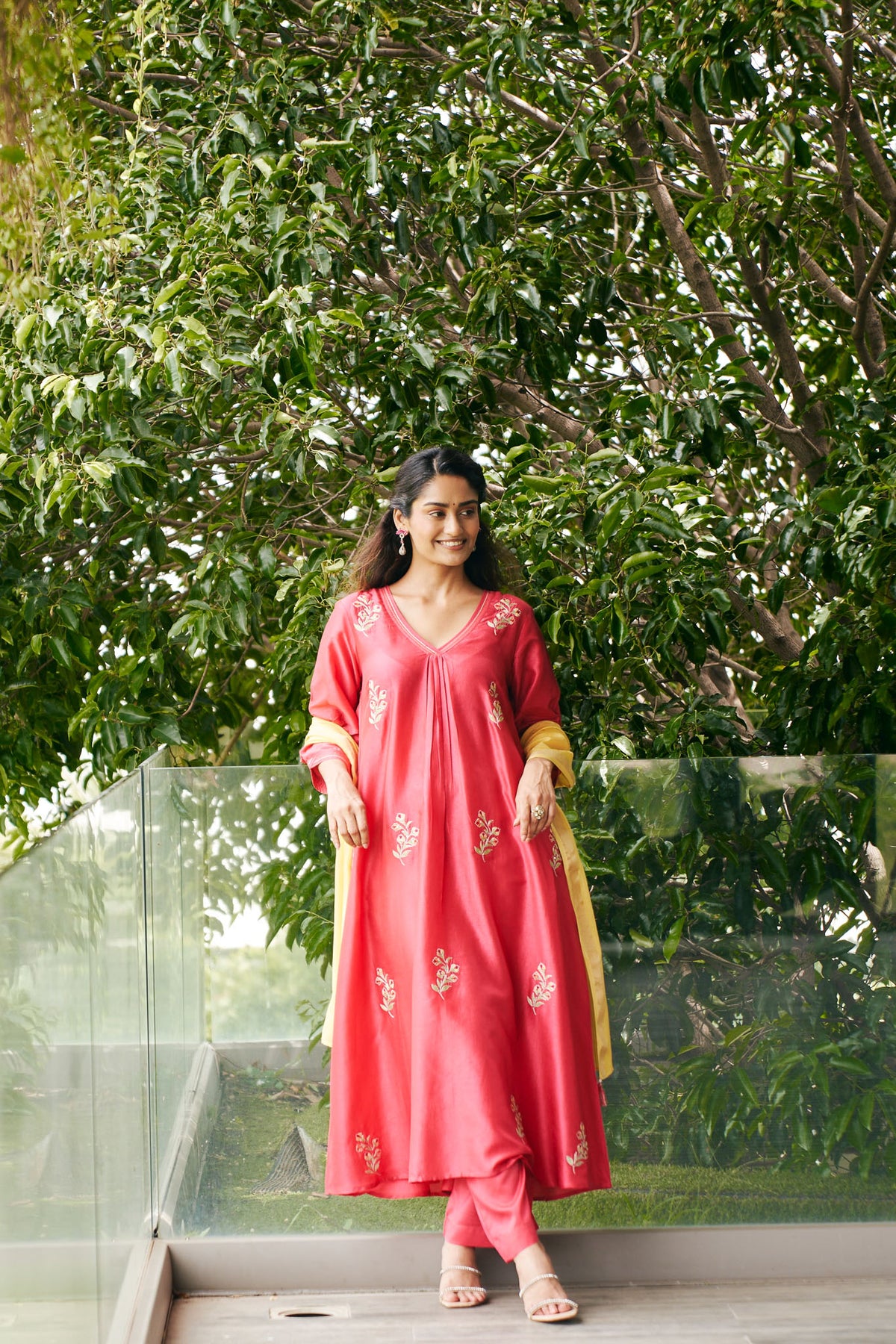 Festive Pink EmbroideredV-neck Dupatta Set