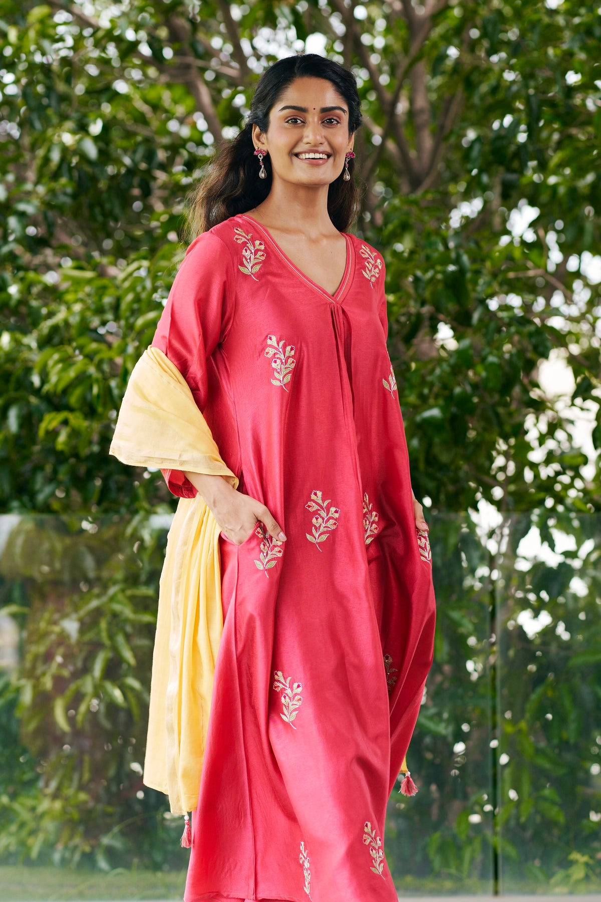 Rose Pink Kurta with Yellow Dupatta