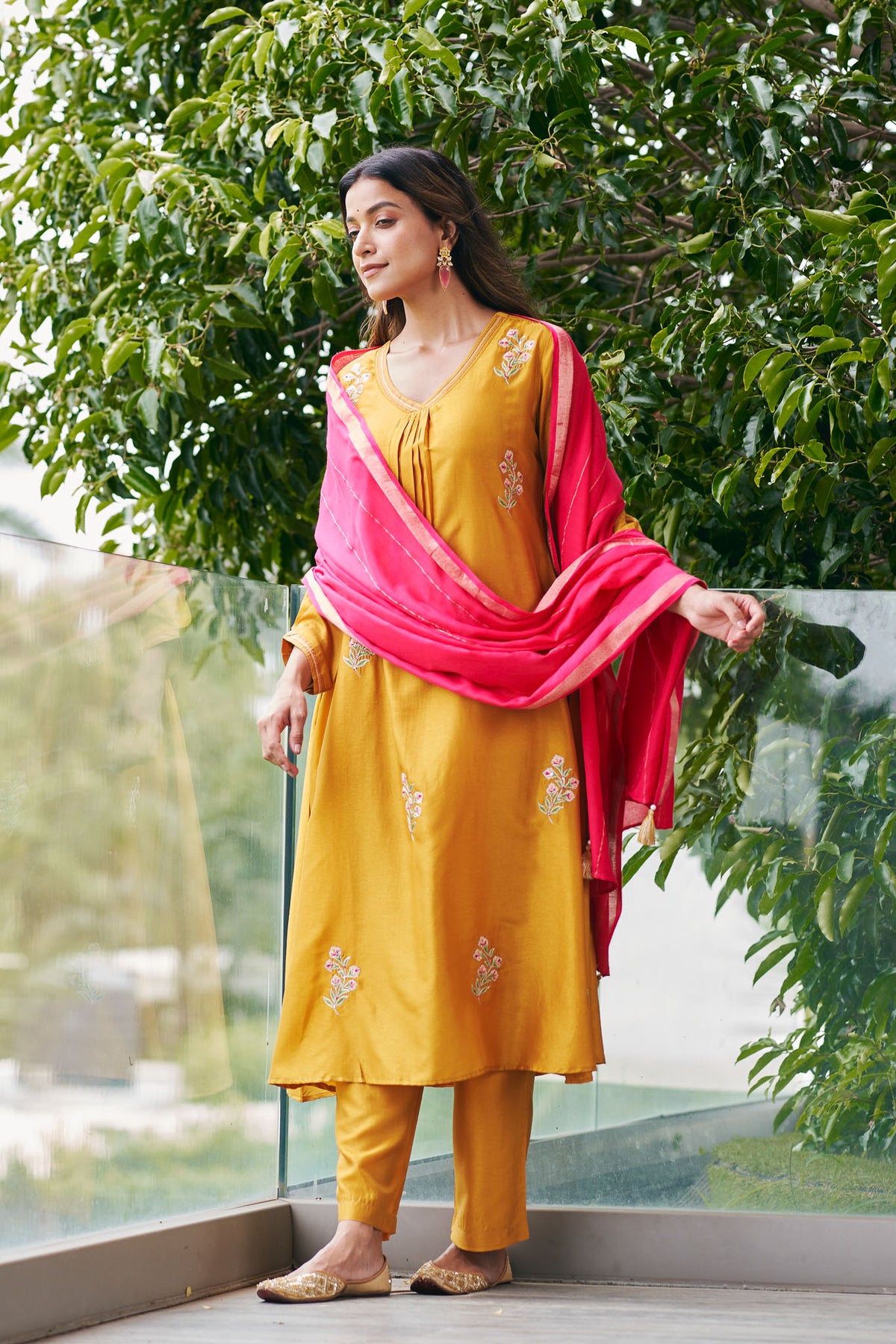 Mustard Embroidered Festive Kurta with Pink Dupatta
