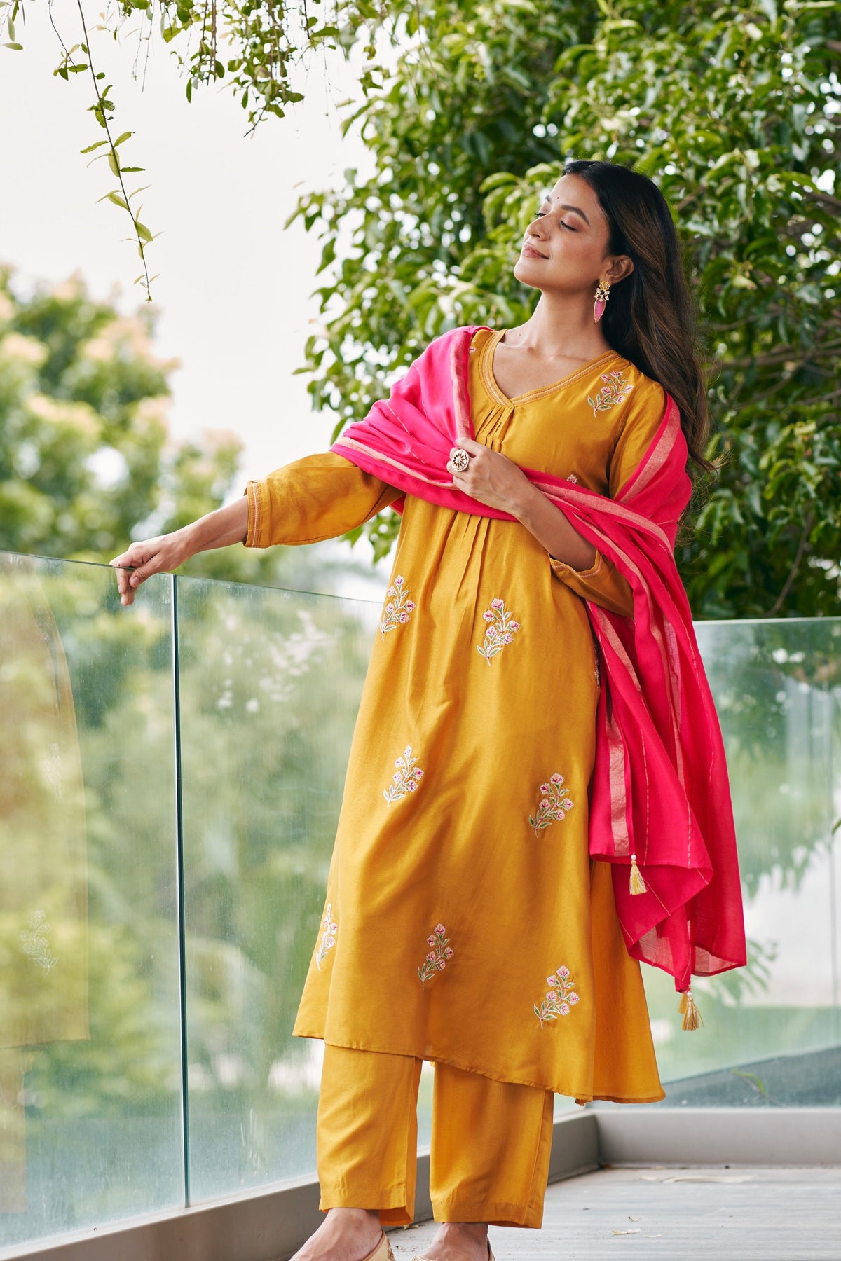 Mustard Embroidered Festive Kurta with Pink Dupatta