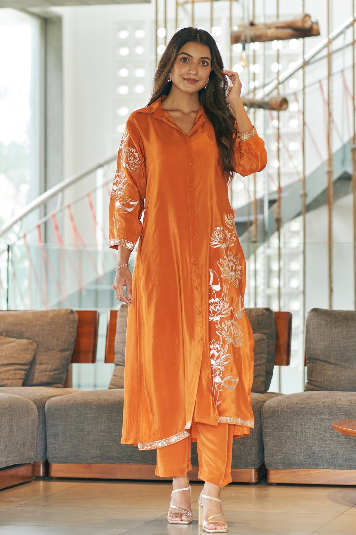 Orange Natural Crepe Shirt Style Kurta Set
