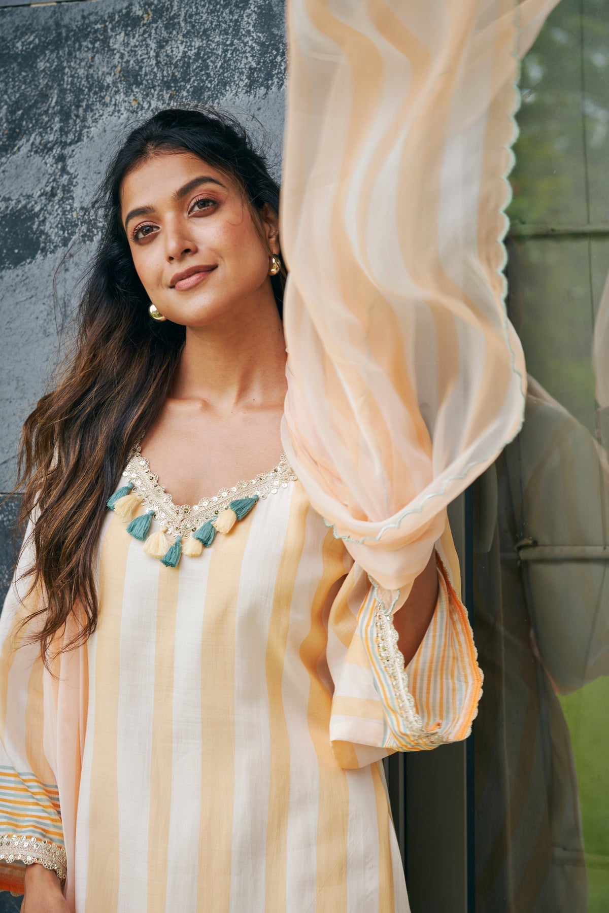 Peach-Beige Striped Cotton Silk Kurta with Blue Tassels