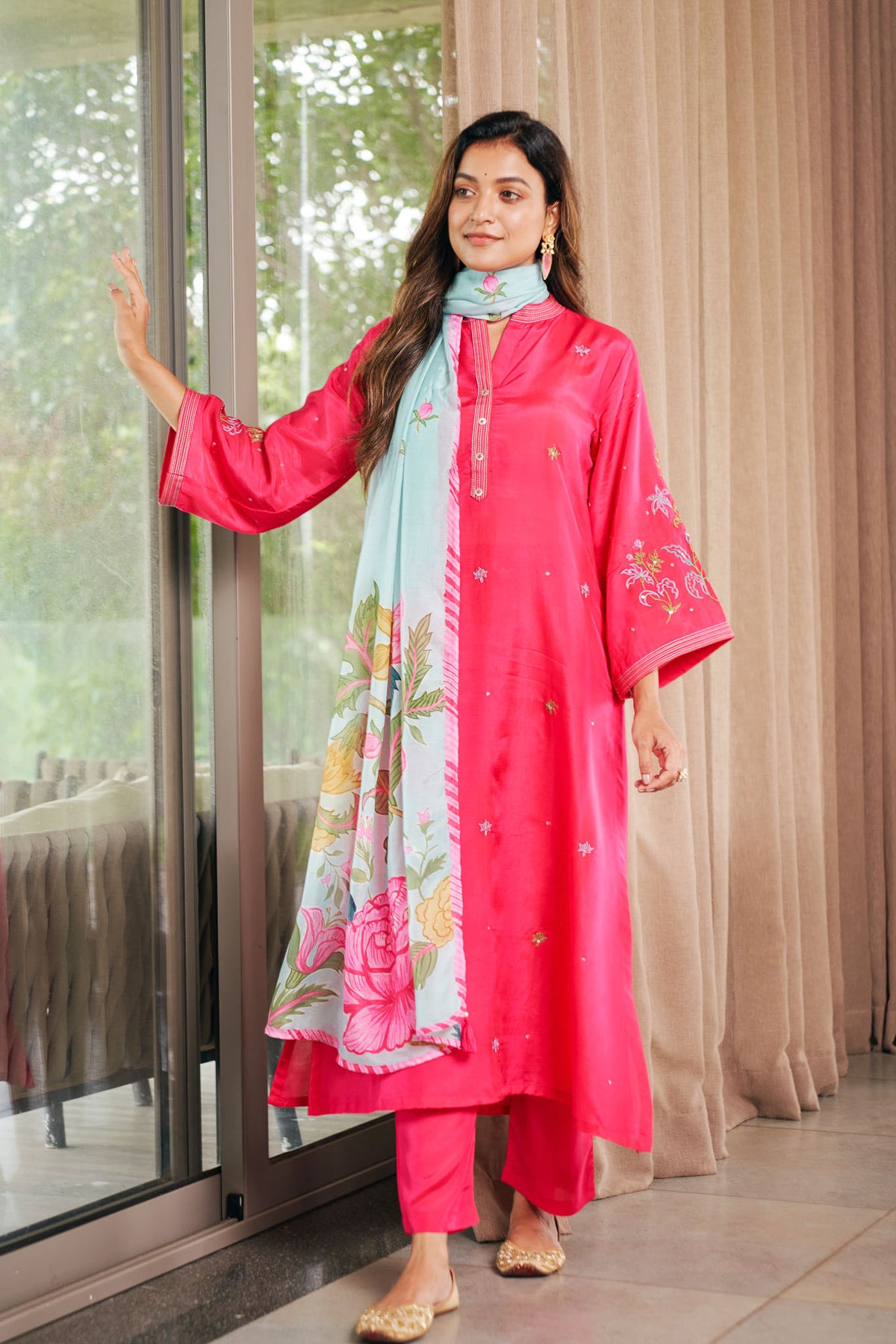 Blush Bloom Festive Kurta with Blue Floral Dupatta